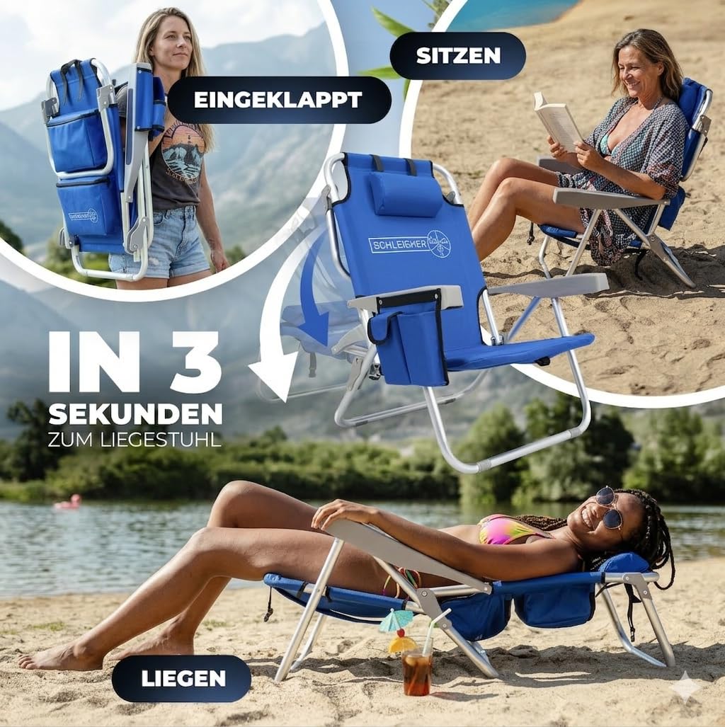 Schleicher 4-in-1 Strandstuhl & Campingstuhl – Ultraleicht mit Rucksackfunktion, Kühlfach & Kissen – Belastbar bis 150kg – Faltbarer Outdoorstuhl für Strand & Reise – Ocean Blue