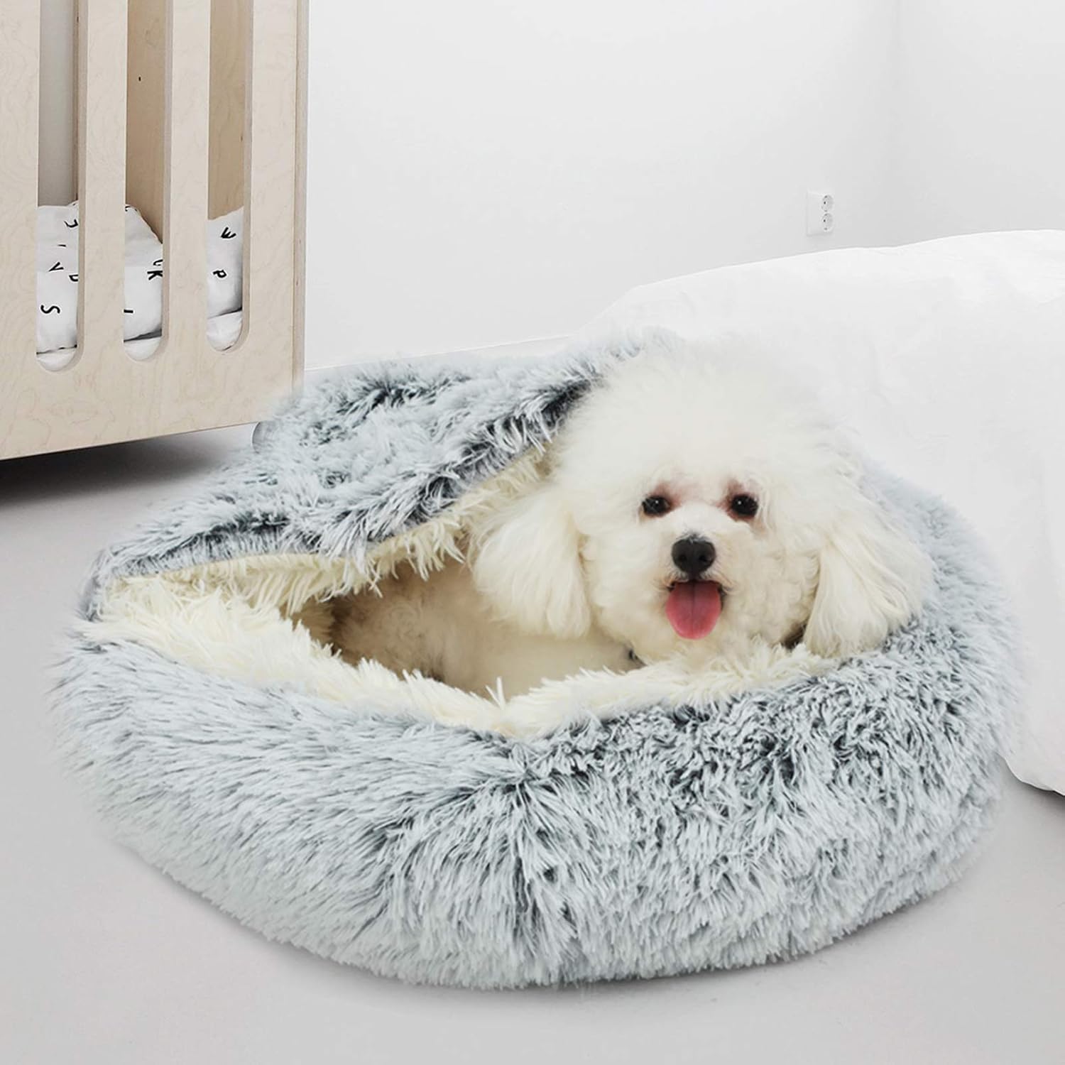 review Cat Bed Round Soft Plush Burrowing Cave Hooded Cat Bed Donut for Dogs & Cats, Faux Fur Cuddler Round Comfortable Self Warming pet Bed, Machine Washable, Waterproof Bottom, Small, Grey