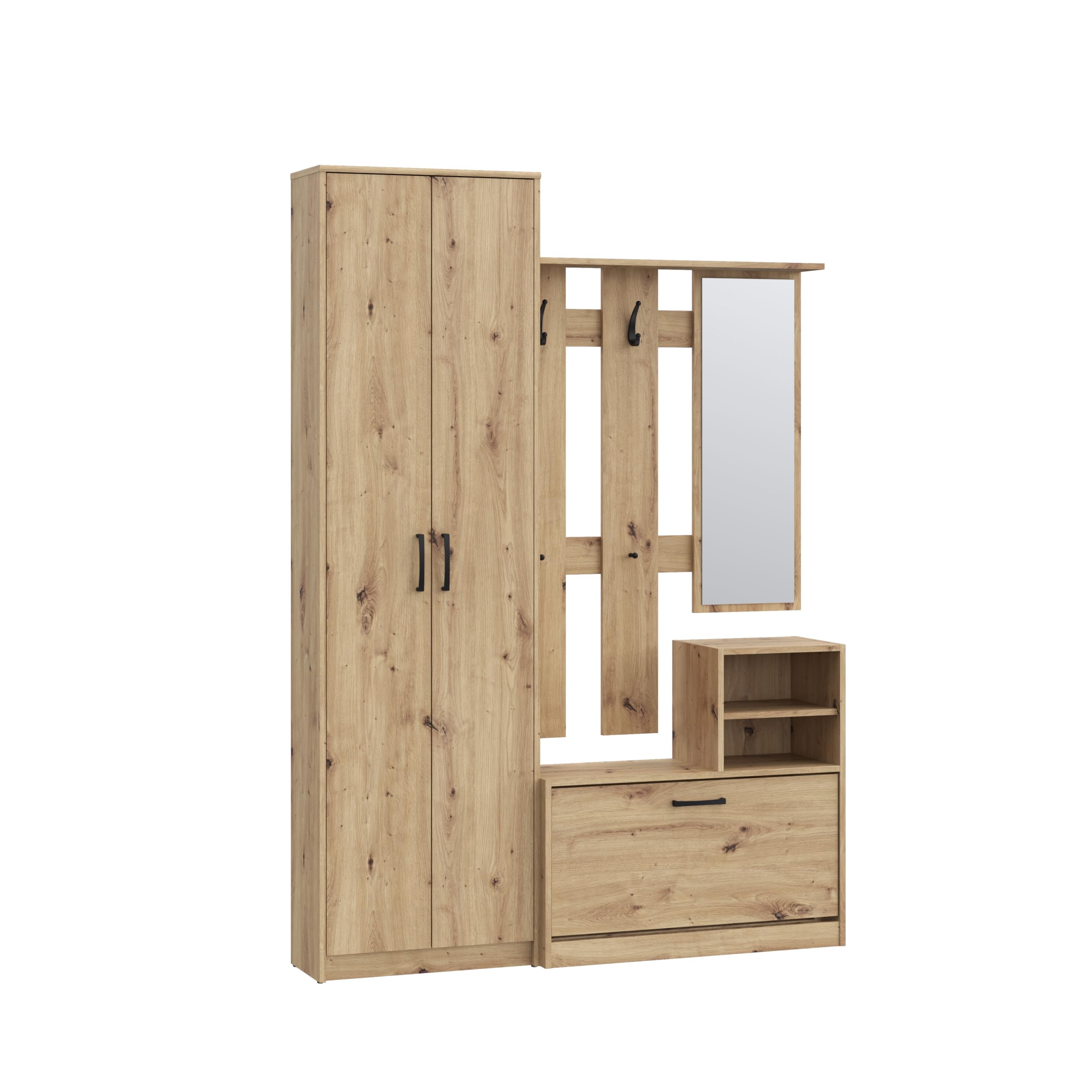 Forte NIKO Garderobenschrank 130 140, Skandi-Mehrzweckschrank, 2-türig, 1 Schublade, Spiegel, Haken, Flur, Artisan Eiche Holzdekor, 135 cm breit x 190,8 cm hoch x 28 cm tief