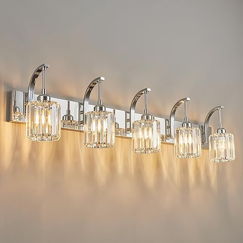 Miniatura 36 de Luces de tocador de cristal cromadas de 4 luces, modernas lámparas de baño de cristal sobre espejo de 32.67 pulgadas de largo para baño Cromo