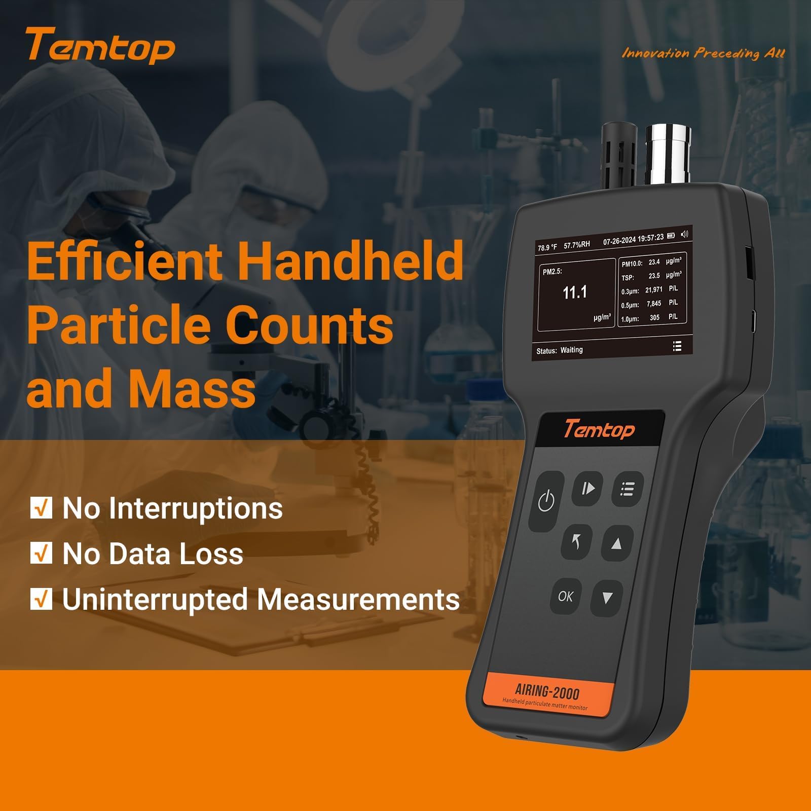 Temtop Compteur de Particules PM2,5 PM10 TSP Portatif, Moniteur Triple Canal Détection en Temps Réel 0,3μm 0,5μm 5μm, Appareil de Mesure Température et Humidité Airing-2000