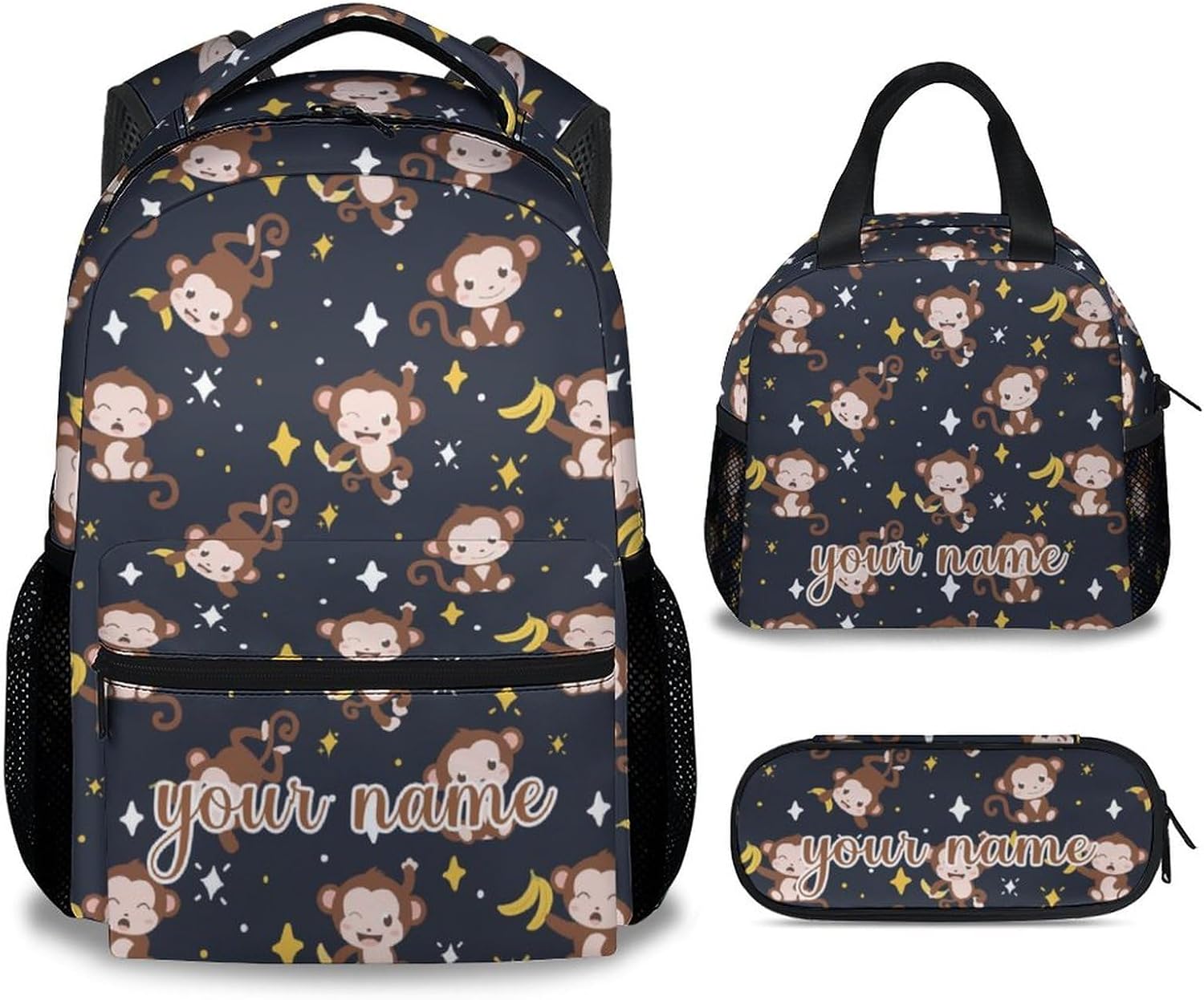 Backpack with Lunch Box Set, 3Pcs Cartoon Monkey Backpacks Matching Combo for Girls & Kids, Cute Black Bookbag and Pencil Pouch Bundle