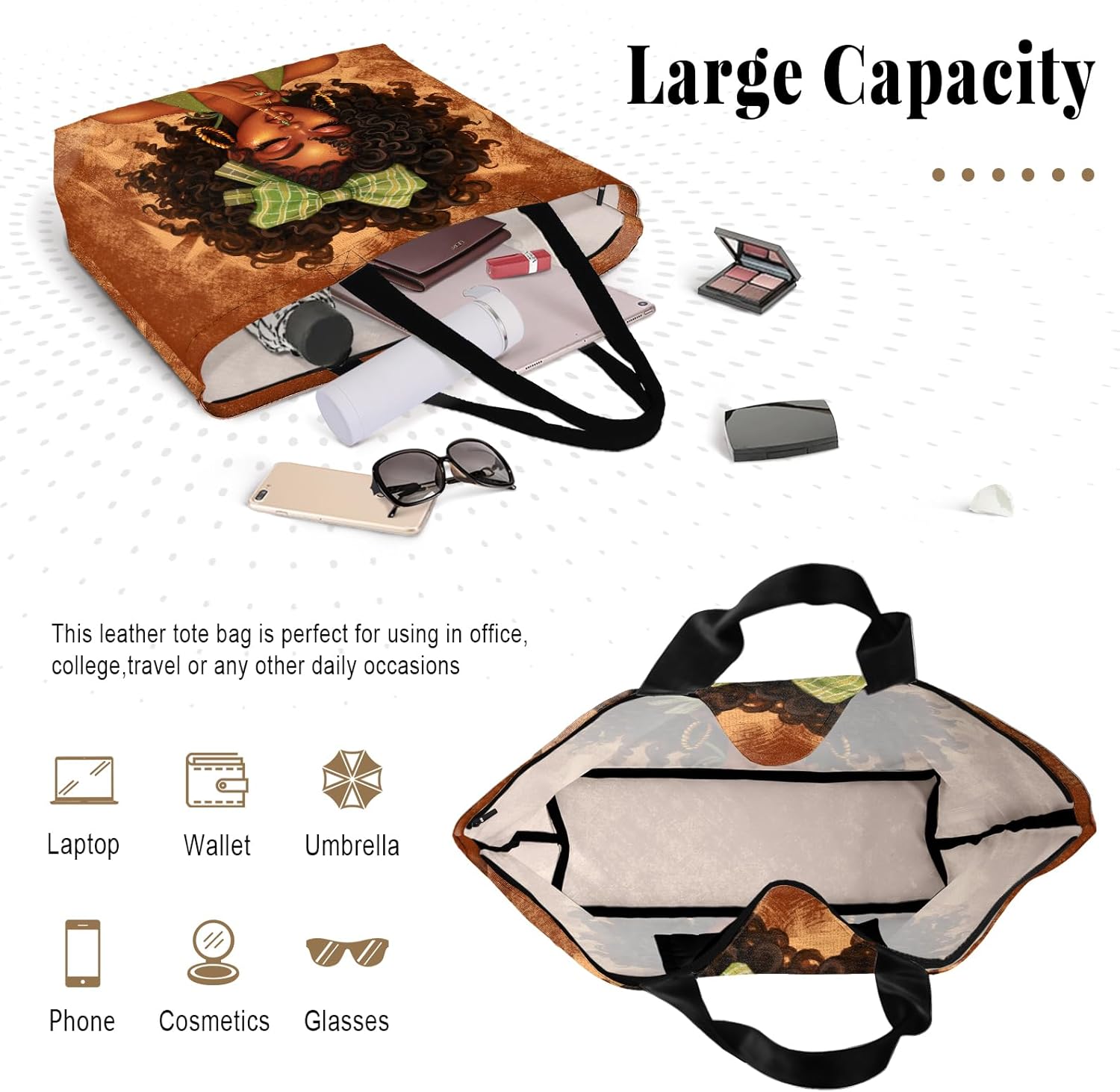 African American Women Tote Bag Black Shoulder Handbag For Women Fit Work Beach Labtops With Zip - Image 6