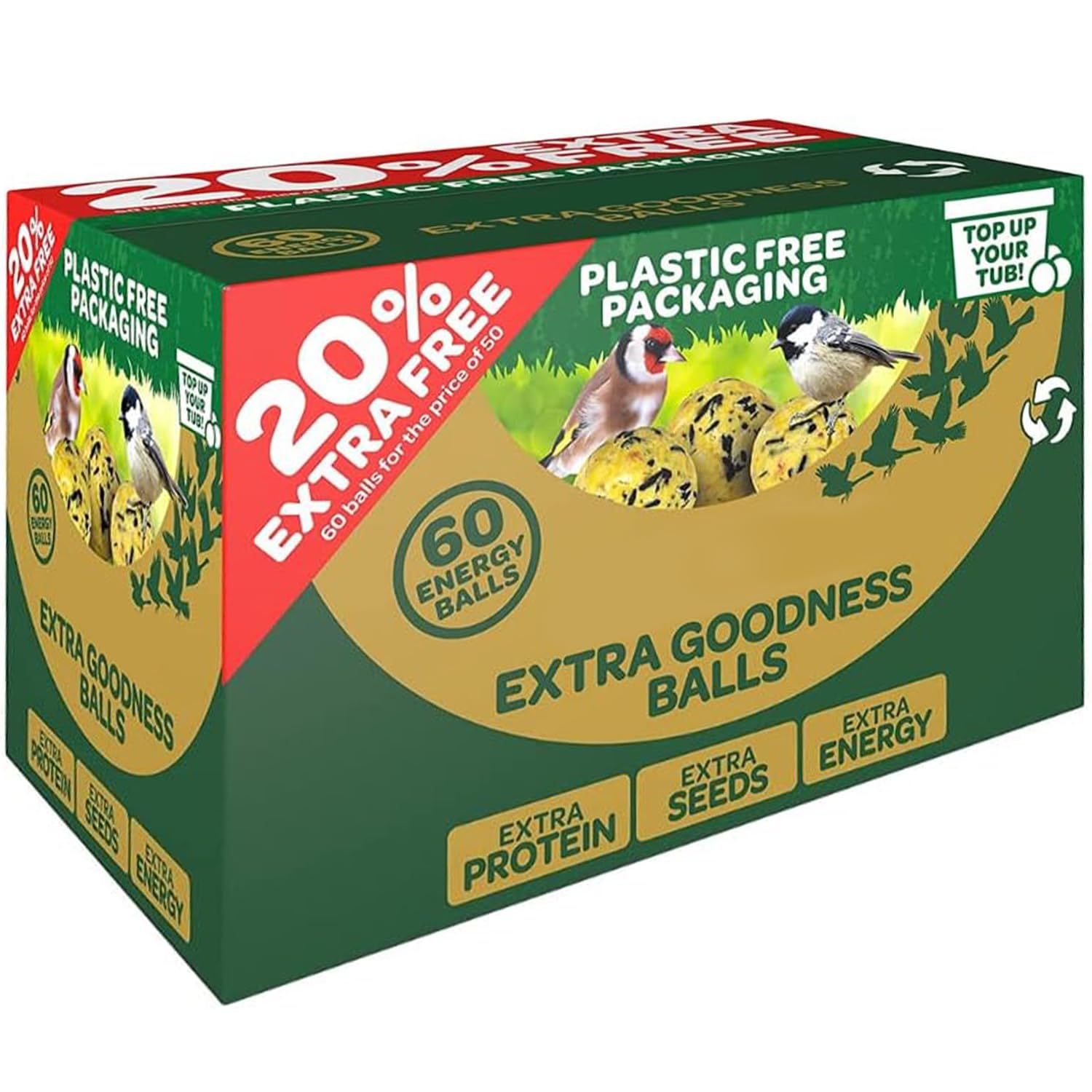 Extra Goodness Energy Balls for Wild Birds, 50 Fat Ball Box + 20% Extra Free, High Energy Bird Food with Sunflower Seeds, Suet Balls in Green Plastic-Free Packaging