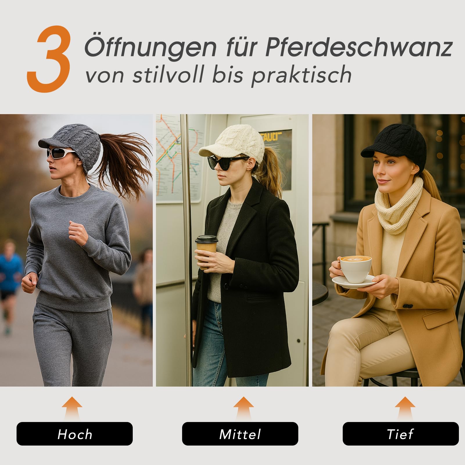 TOP-EX ChicPony Bonnet d'hiver en laine mérinos avec visière, 3 ouvertures tressées, doublure polaire, chaud et coupe-vent pour femme
