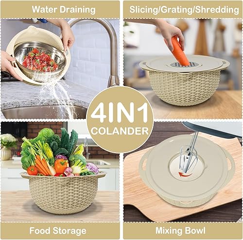 Miniatura 2 de Juego de colador 4-1 con tazón para mezclar, esenciales de cocina para lavar, rebanar y amasar, hilandero de ensalada, colador de pasta, lavadora de