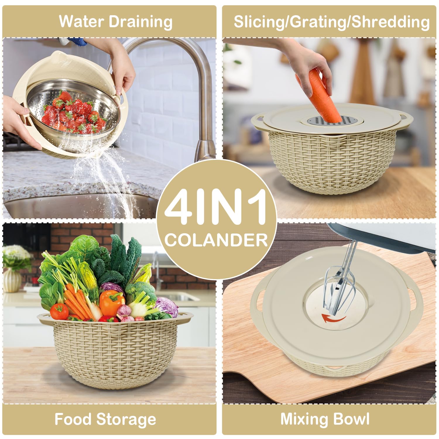 JforSJizT 4-1 Colander with Mixing Bowl Set - Kitchen Essentials for Washing,Slicing and Kneading - Salad Spinner,Pasta Strainer Fruit and Rice Washer - Ideal for Apartments,Homes and Kitchens (Beige)