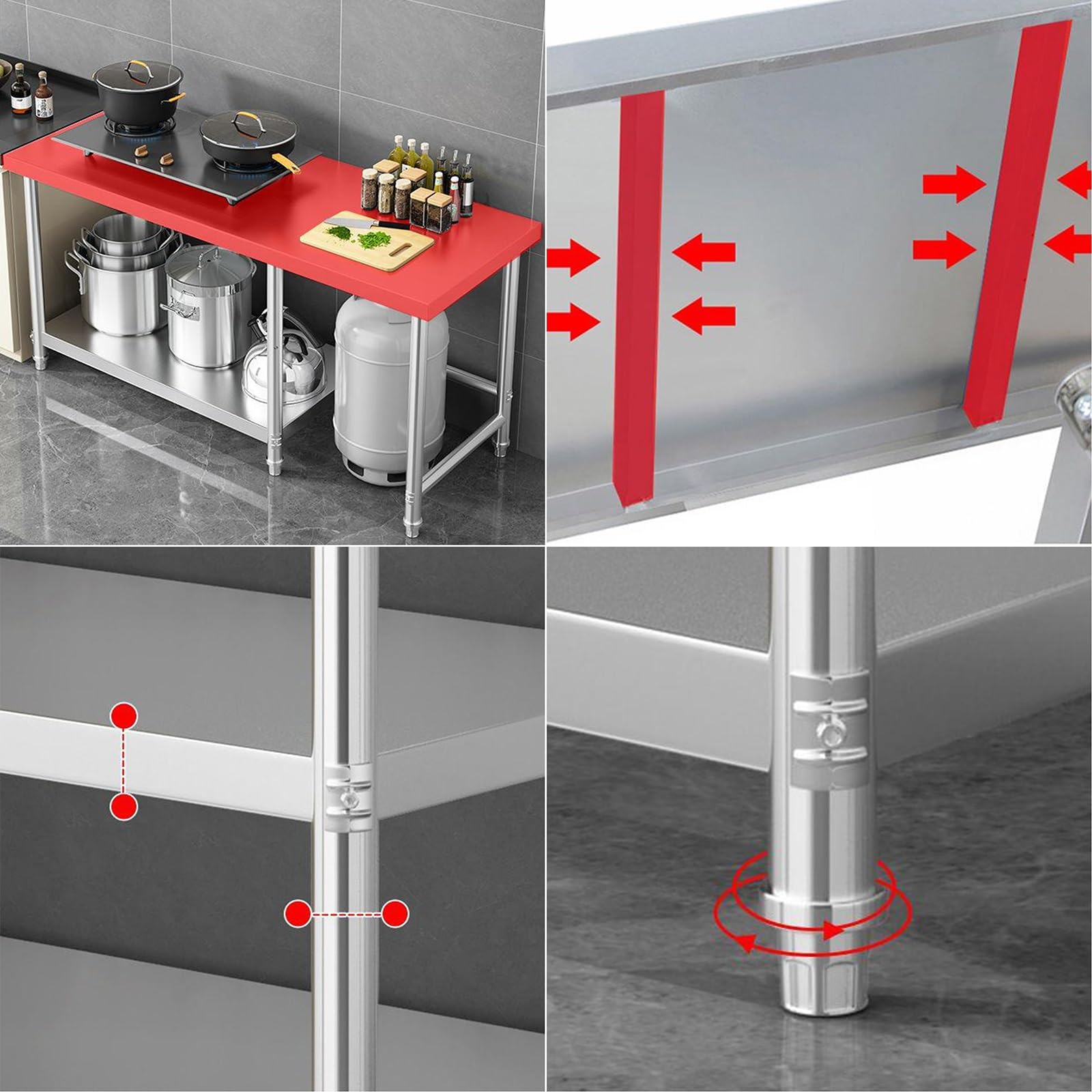 Banco de Trabajo de Acero Inoxidable, Soporte Sólido para Encimera, Mesa de Preparación de Cocina Comercial, Mesa de Metal Multifuncional de Doble Capa, Tabla de Cortar, Práctico Estante de A