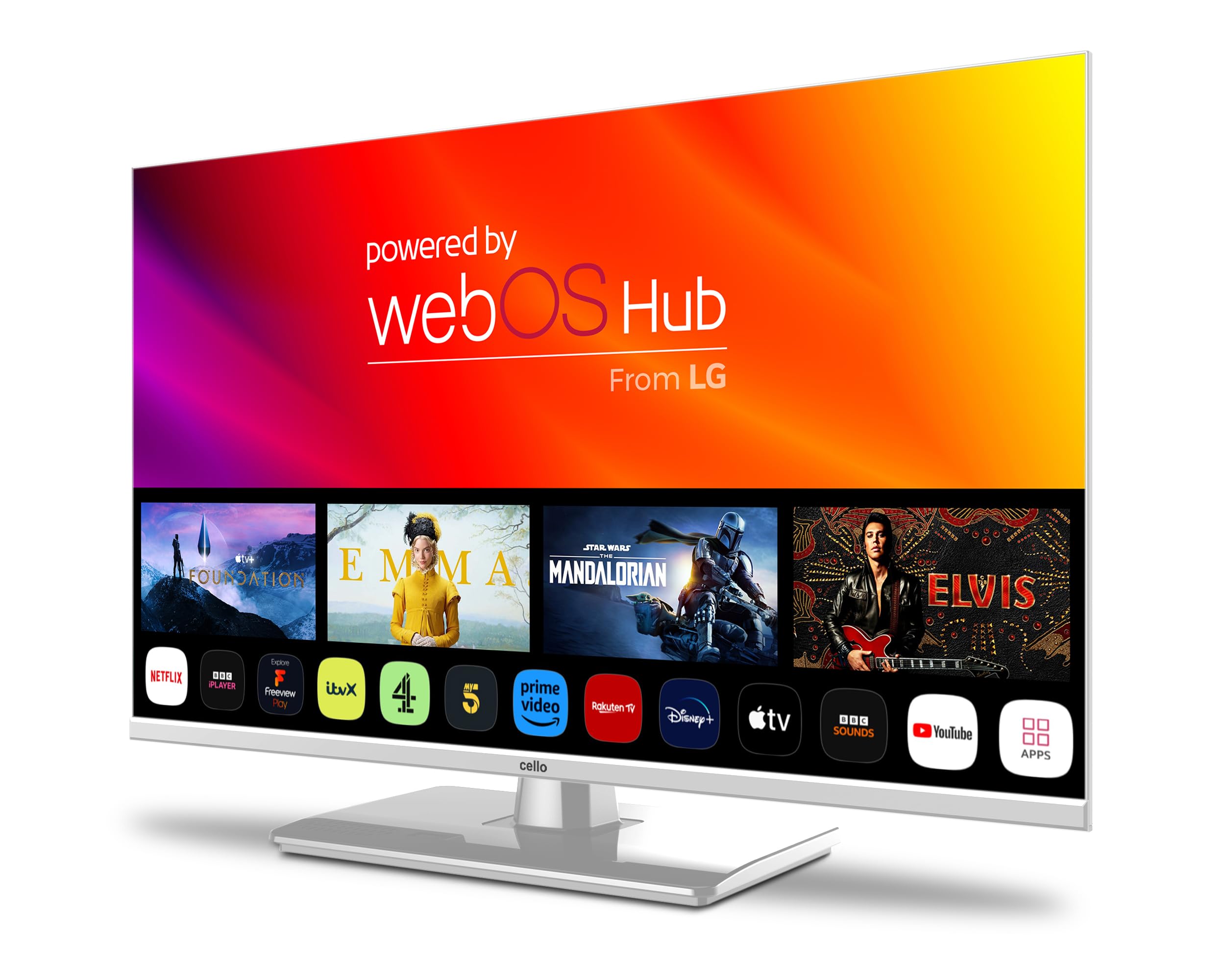 Cello White 12 Volt 32 Zoll Traveller Smart TV, ultraschnelles WebOS, Bluetooth, Netflix, Apple TV und DAZN für Wohnmobile, Wohnwagen und LKW