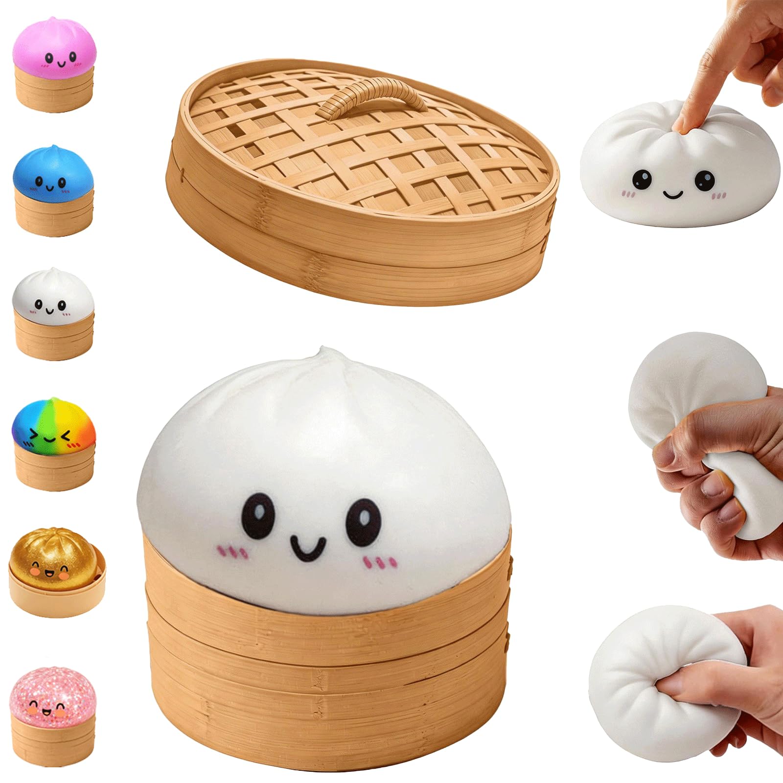 Dumpling Squishy, Big Mystery Dumplings Squishies Box, Cute Bao Bun Fidget Real Office Desk Decor, Soft Sensory Squeeze Ball with Steamer for Anxiety Stress Relief, Surprise Novelty Gift (White)