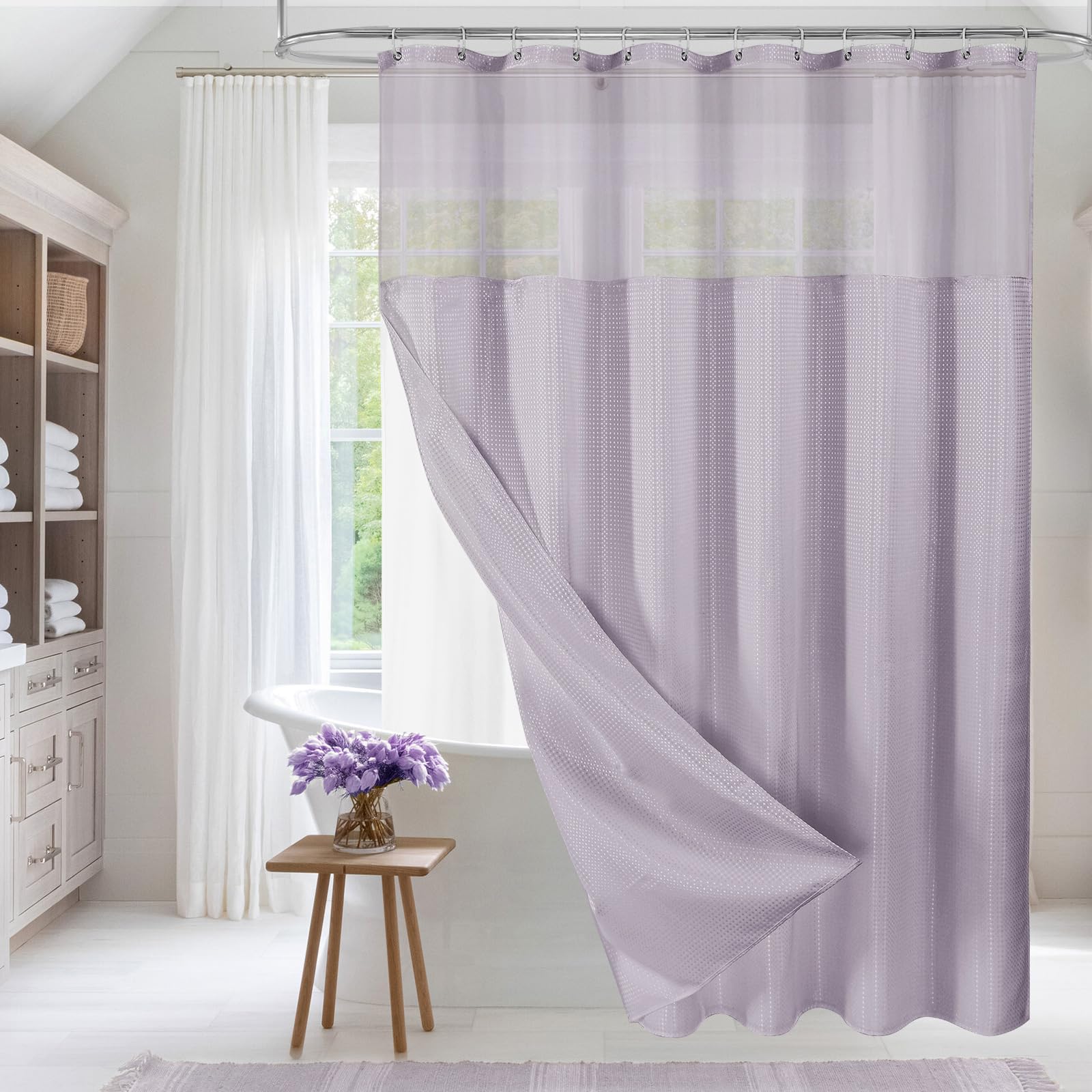 Luxury Textured Fabric Shower Curtainwith Snap-in Liner Lavender,72x84 | Hotel Style,Extra Long,Snap On Off Liner,Water Repellent,Mesh Window,Heavyweight,Weighted,Washable,Seasonal Lavender Refresh