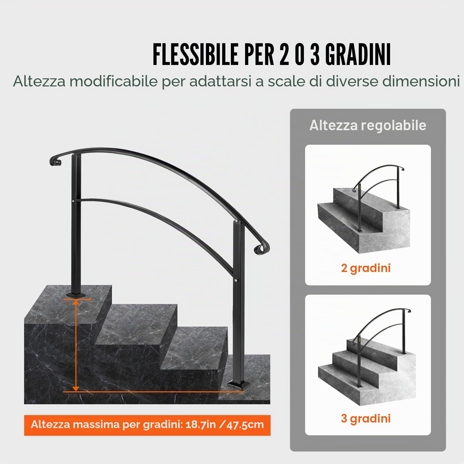 Happybuy Corrimano di Transizione Regolabile in Ferro Battuto 3FT Nero Opaco per 3 Gradini