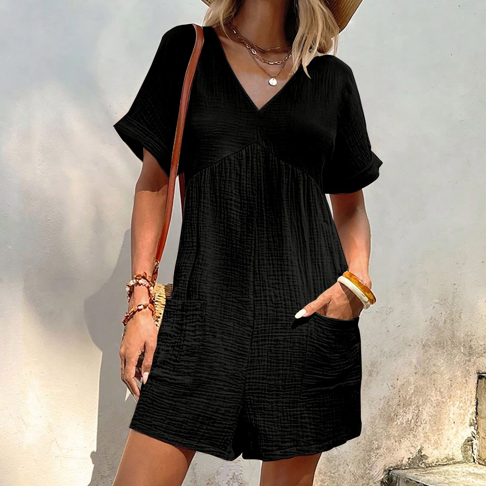 Tuta corta da donna in lino, scollo a V, a maniche corte, con | tasche, tinta unita, elasticizzato, elegante, ampio, tuta estiva leggera e ariosa, per l'uso quotidiano e l'ufficio