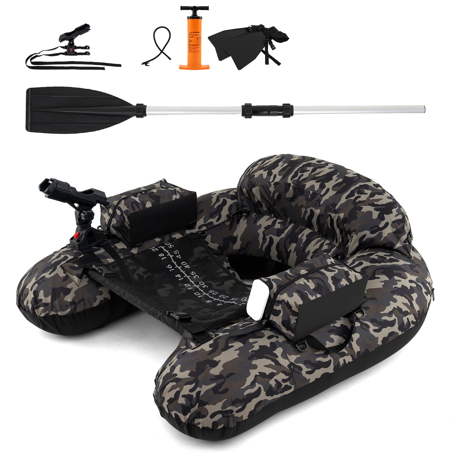 HOMASIS Barco de Pesca Inflable con Bomba, Kayak Hinchable con 2 Aletas y Soporte para Caña, Red de Medición, Mesa de Cebos Equipada, Carga 150kg