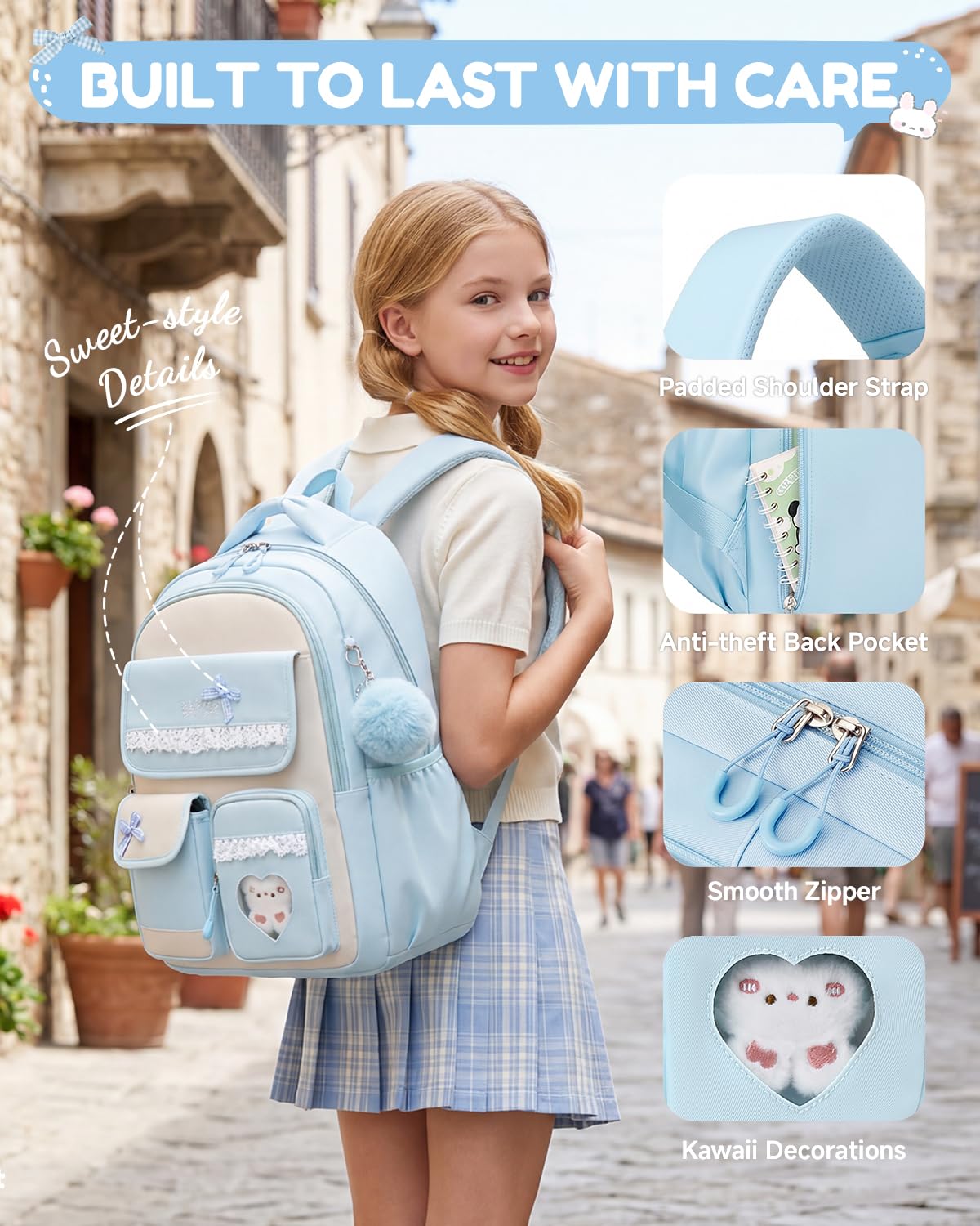 Tanou Cartable Fille Primaire, Sac à Dos pour Enfants du CP au CM2 | Nylon Imperméable, Sac d'école Primaire Kawaii avec Nœud pour Filles de 7 à 14 ans, Bleu