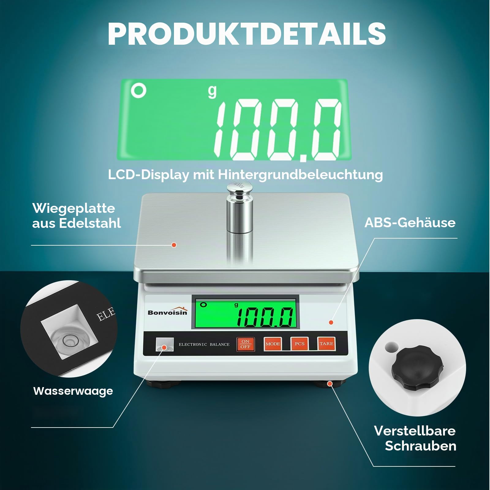 Bonvoisin Zählwaage 6000g 0.1g, Präzisionswaage Laborwaage, Industrie Analysenwaage, Präzise Schmuck-Goldwaage, Tischwaage mit CE-Zertifizierung, Elektronische Batteriebetriebene Waage (6Kg, 0,1 g)
