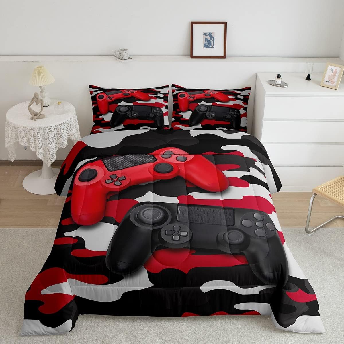 ErosebridalGames Bedding Set Gamepad Comforter Set for Boys, Kids Video Games Duvet Insert Set Modern Gamer Console Action Buttons Fashion Teens Bedroom Decor Red Black Camouflage Gift Twin Size