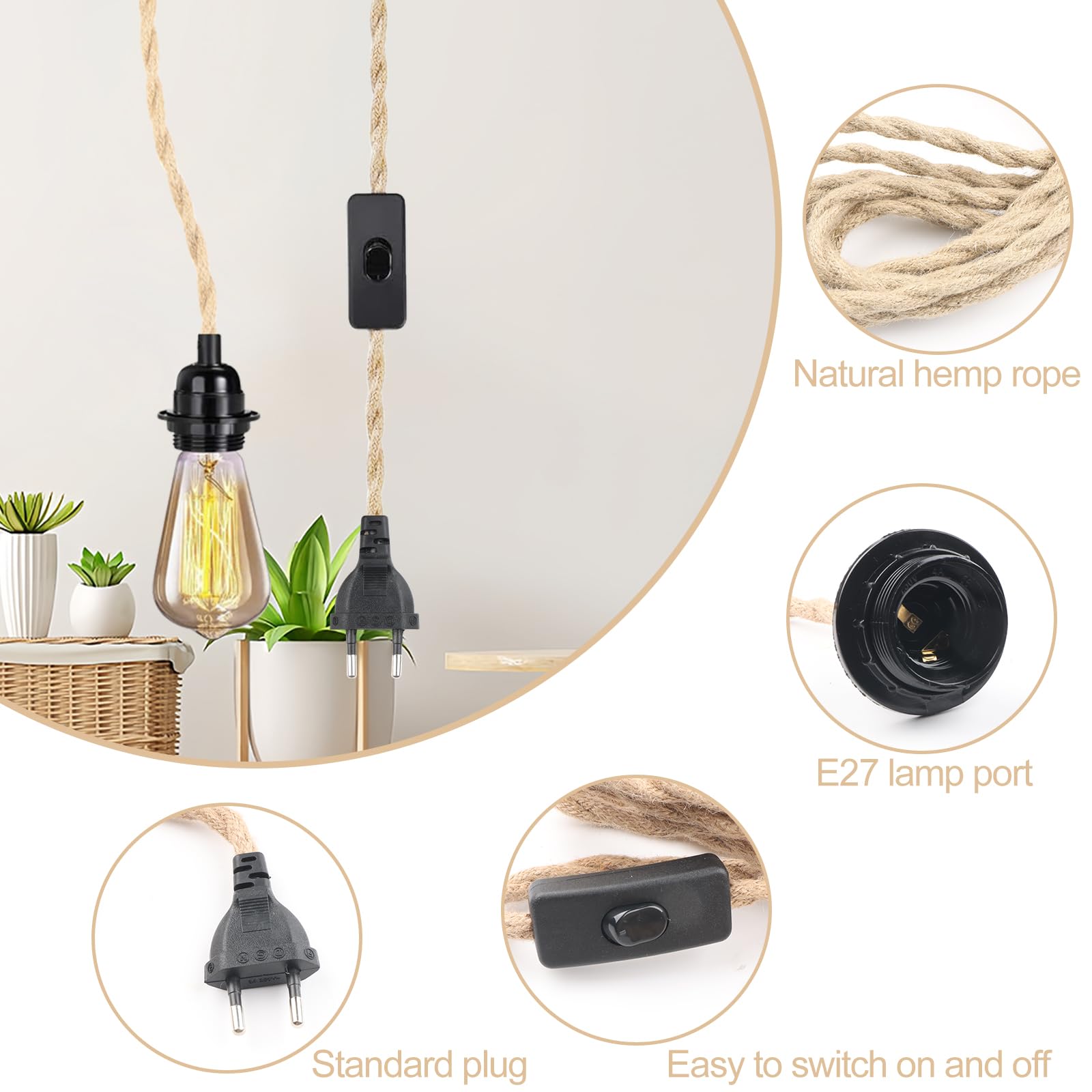 Portalampada E27 con Spina Interruttore Cavo 4,5m | Portalampada E27 con interruttore e spina, cavo 4,5m per lampade sospese DIY ideale per cucina garage bar e soffitta