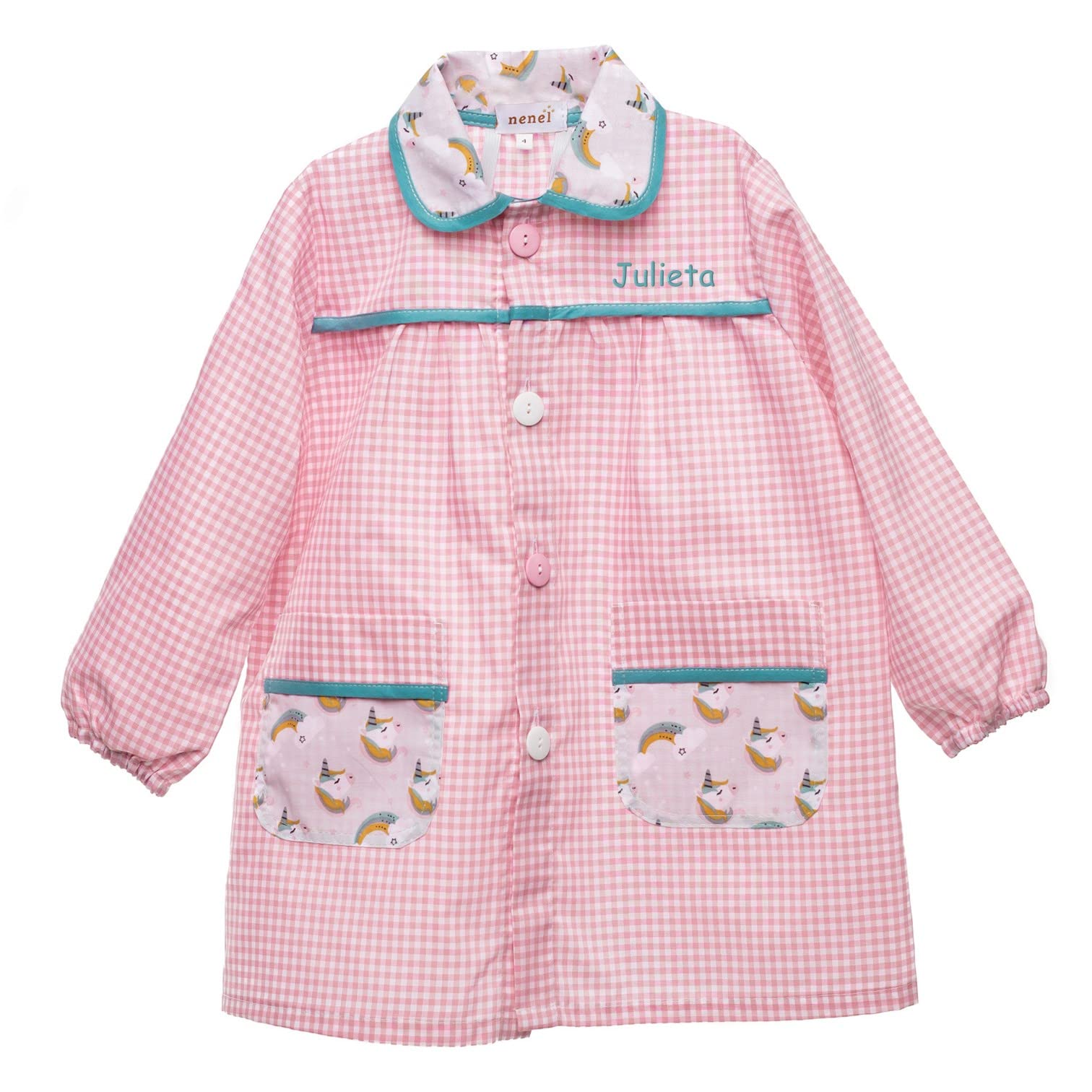 Nenel Bata Escolar Personalizada - Babi escolar infantil con Nombre Bordado – Mandilón personalizado para Niños – Modelo Unicornios