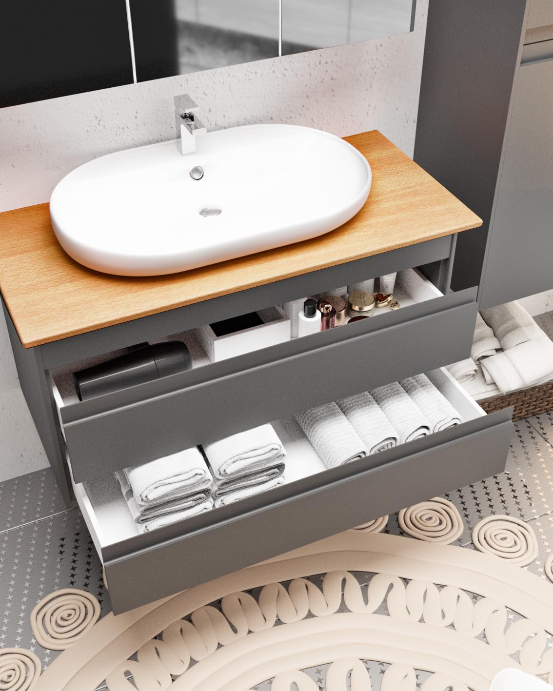 Badezimmermöbel Set Lara Konsole 100 Anthrazit | Keramikwaschbecken | Unterschrank | Spiegelschrank | Softclose-Schubladen & -Türen & unsichtbare Griffe | Moderner Stil | Badmöbel Waschtisch