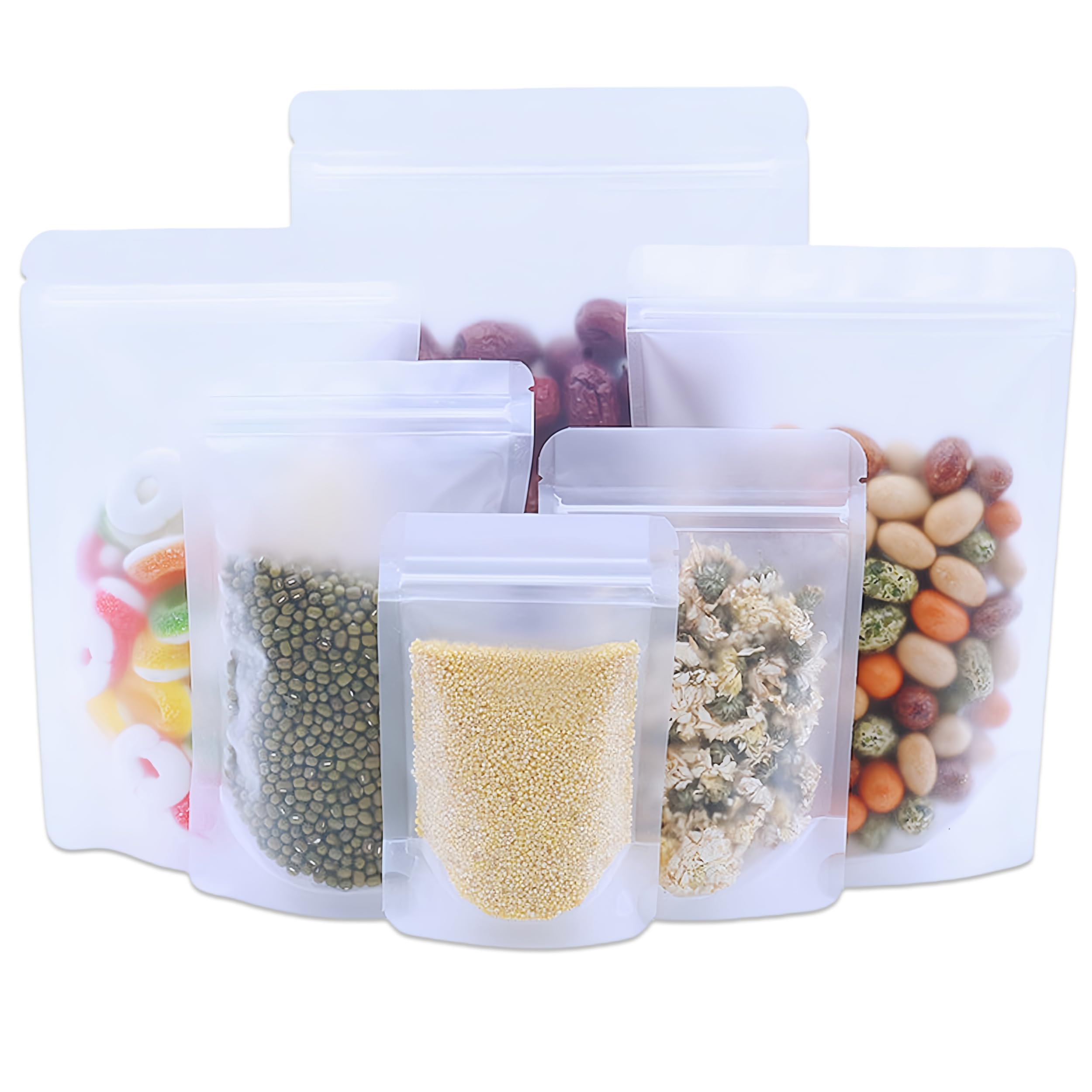 50Pcs Food Bags, Resealable Stand Up Clear Frosted Plastic Zip Lock Sweet Pouches Reusable with Tear Notch Thicken Sealable Food Storage Baggies (16x24cm - 50pcs)