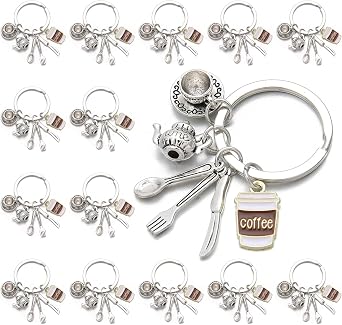 PHAETON 20PCS Coffee Lover Keychain, Kitchen Utensils Charm Set with Teapot, Cup, Spoon, Fork and Coffee Cup Charms