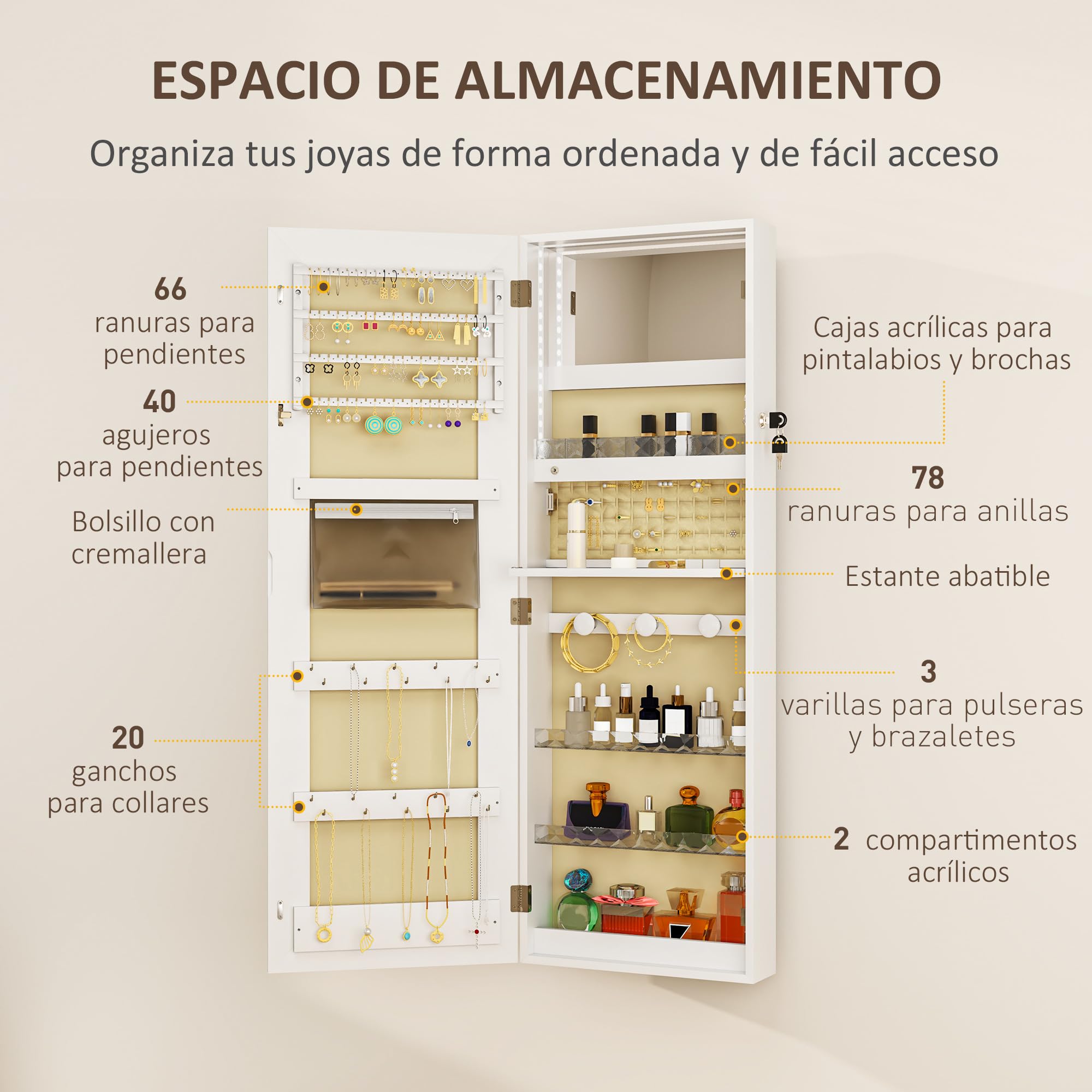 HOMCOM Espejo Joyero de Pared con Luces LED y Cerradura, Armario para Joyas Colgante, Blanco y Forro Crema