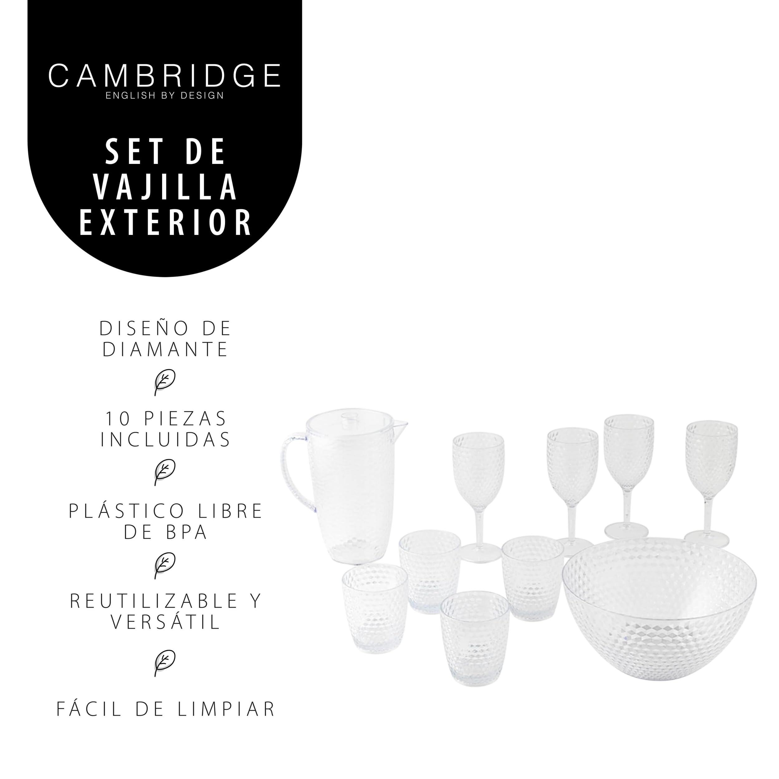 Cambridge COMBO-7985A Fete Serving Set - with Jug, Tumblers, Wine Glasses, and Bowl, Diamond Design, 10 Piece Set, BPA Free Plastic Cups for Outdoor Use, Parties, Holiday Homes & Camping, Clear
