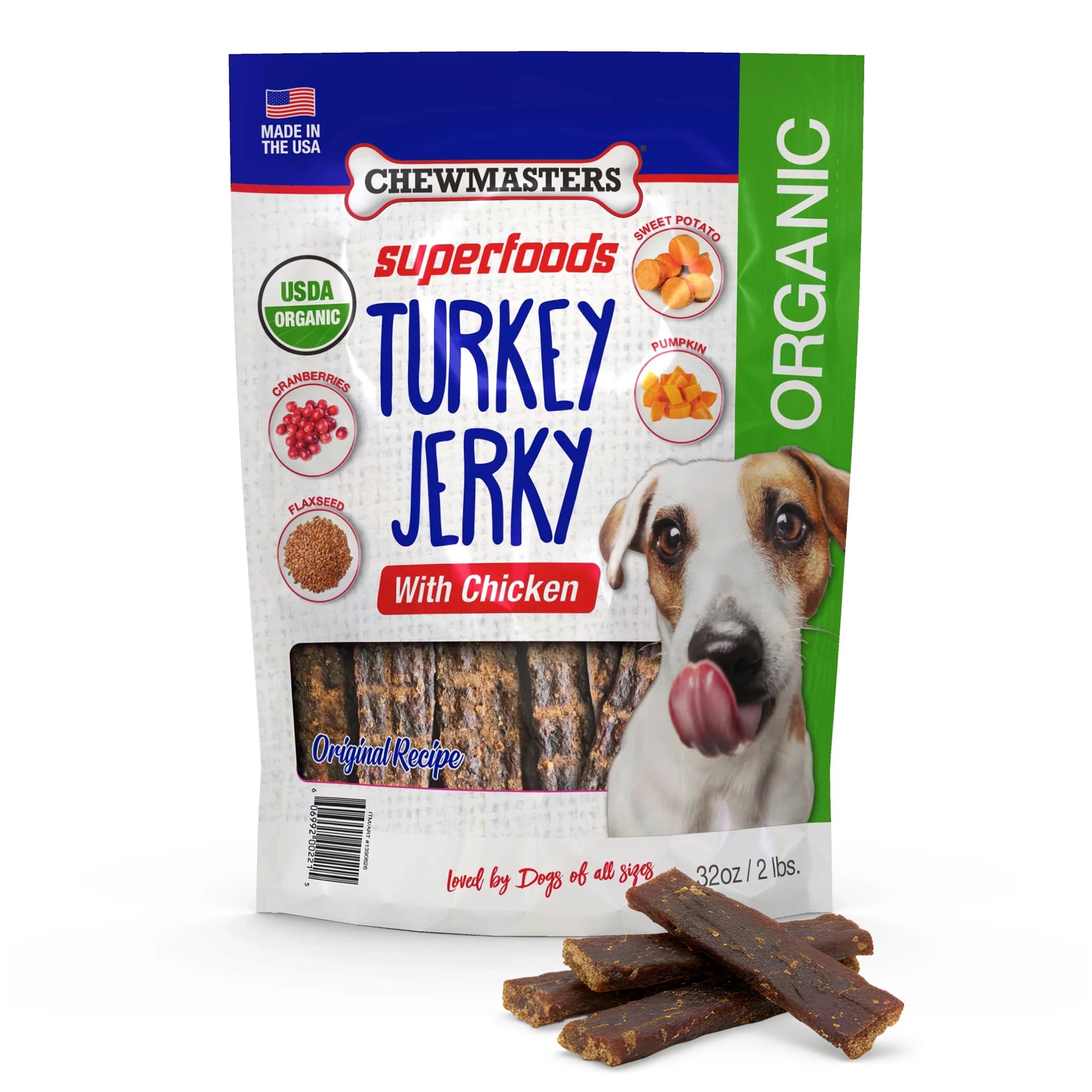 Chewmasters Organic Turkey Jerky with Chicken Dog Treat for All Life Stages - Fresh and Healthy Turkey Dog Treats - High Protein, Real Meat Snack, Grain Free, by-Product Free - USA Made, 2lb