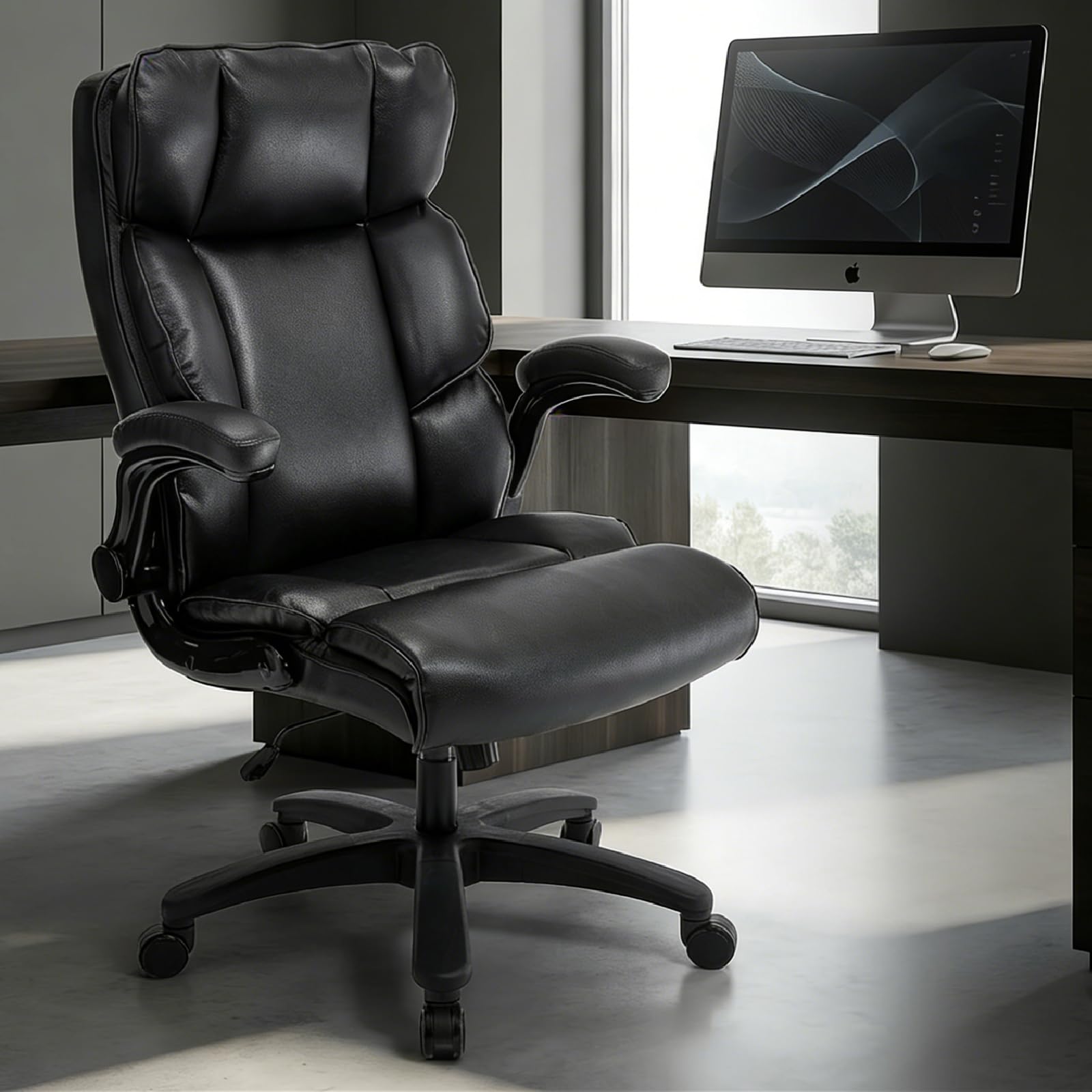Big and Tall Office Chair 500LBS Executive Heavy Duty Desk Chair for Large People, PU Leather Computer Gaming Chair with Flip-up Armrests and Adjustable Height (Black)