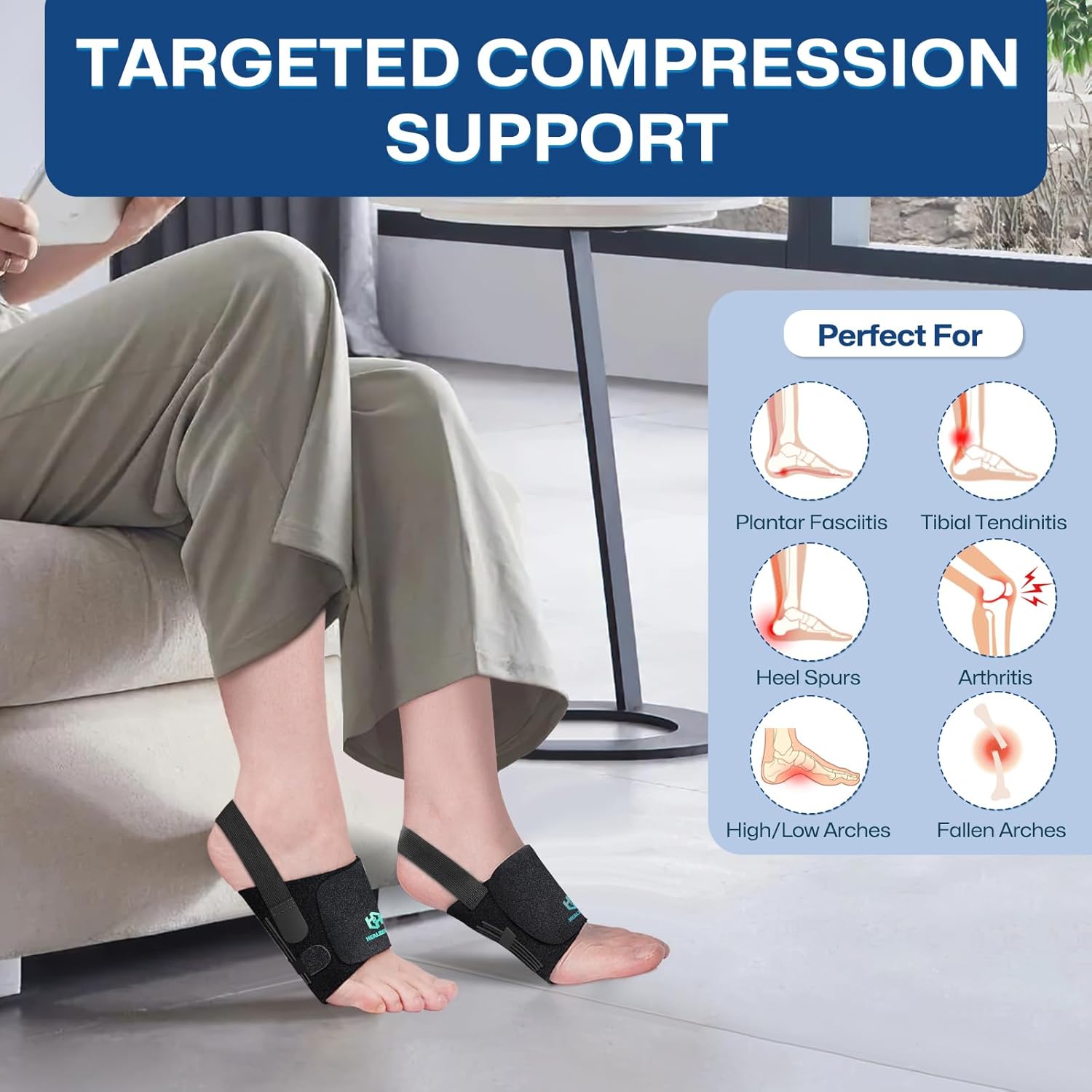 Arch Support Braces for Plantar Fasciitis Relief, Adjustable Compression Bands with Gel Pad Orthotics Inserts for Feet Flat, High & Fallen Arches, Foot Support(Anti-Slip Strips) - Image 2