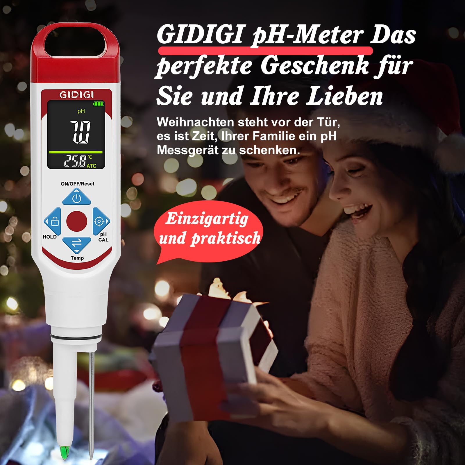 pH Messgerät für Lebensmittel zur Fermentation mit pH-Kalibrierungskits, Farbdisplay, Speerspitze, pH-Lebensmitteltester mit ATC für Kosmetika, Sauerteig, professionelle pH-Teststreifen