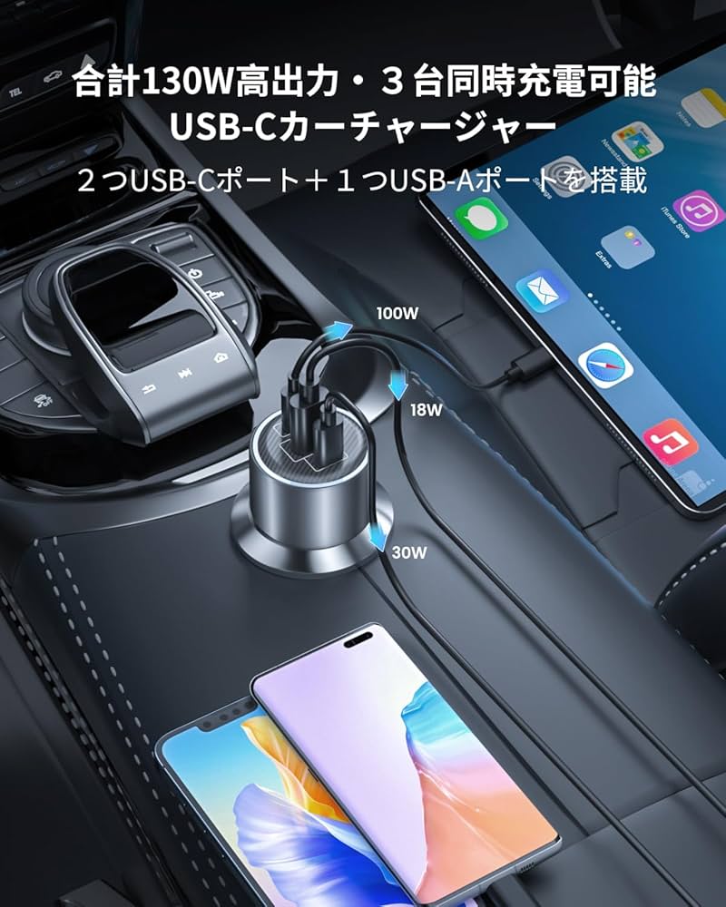 Amazon.co.jp: シガーソケット USB-C 130W 急速充電 車載充電器 3