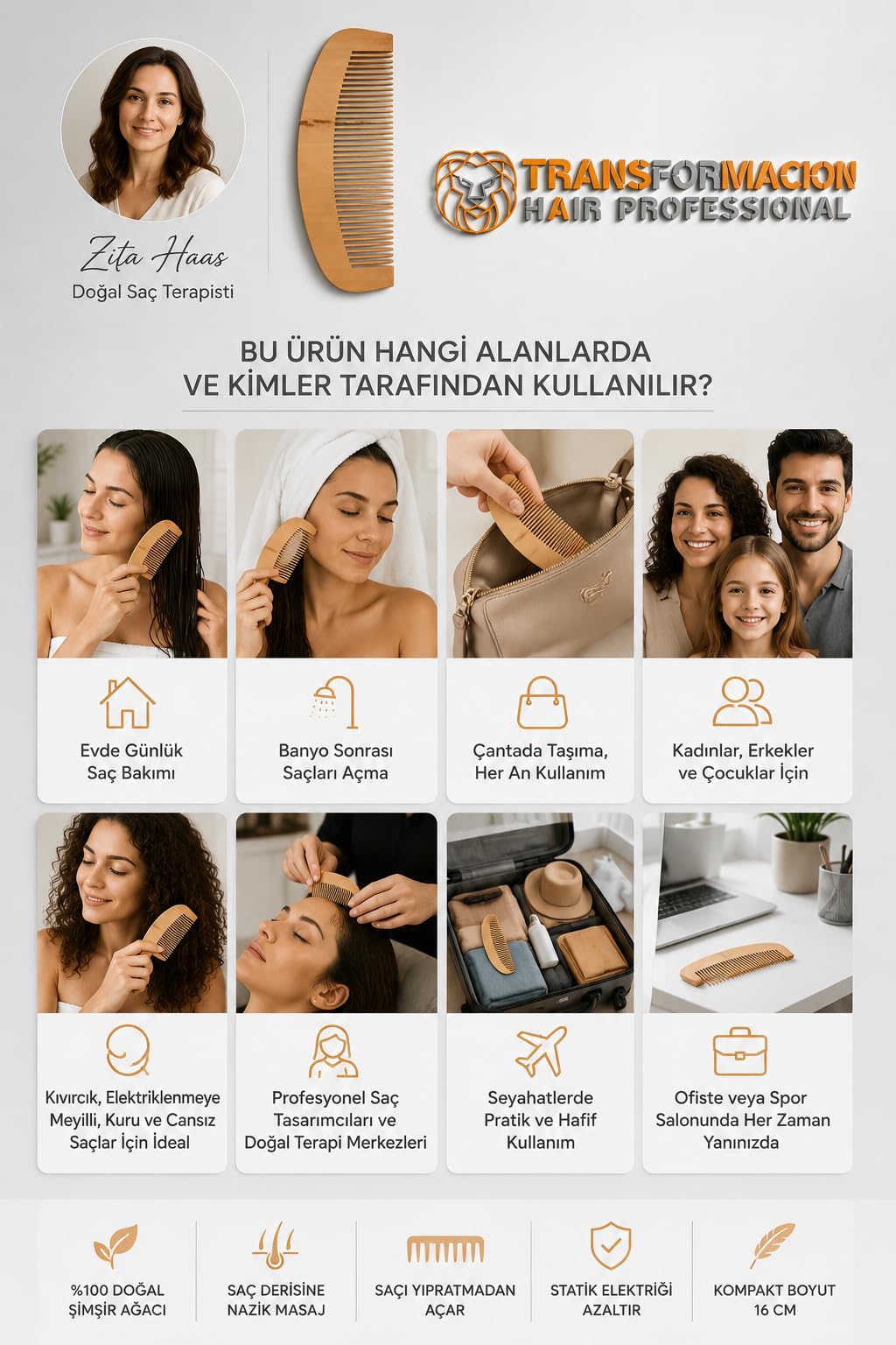 Transformacion%100 Doğal Madagaskar Şimşir Ahşap Tarak - 16 cm Anti-Statik Elektriklenme Önleyici El Yapımı Saç Derisi Masaj Tarağı Kepek Karşıtı Organik Saç Açma Tarağı 722266