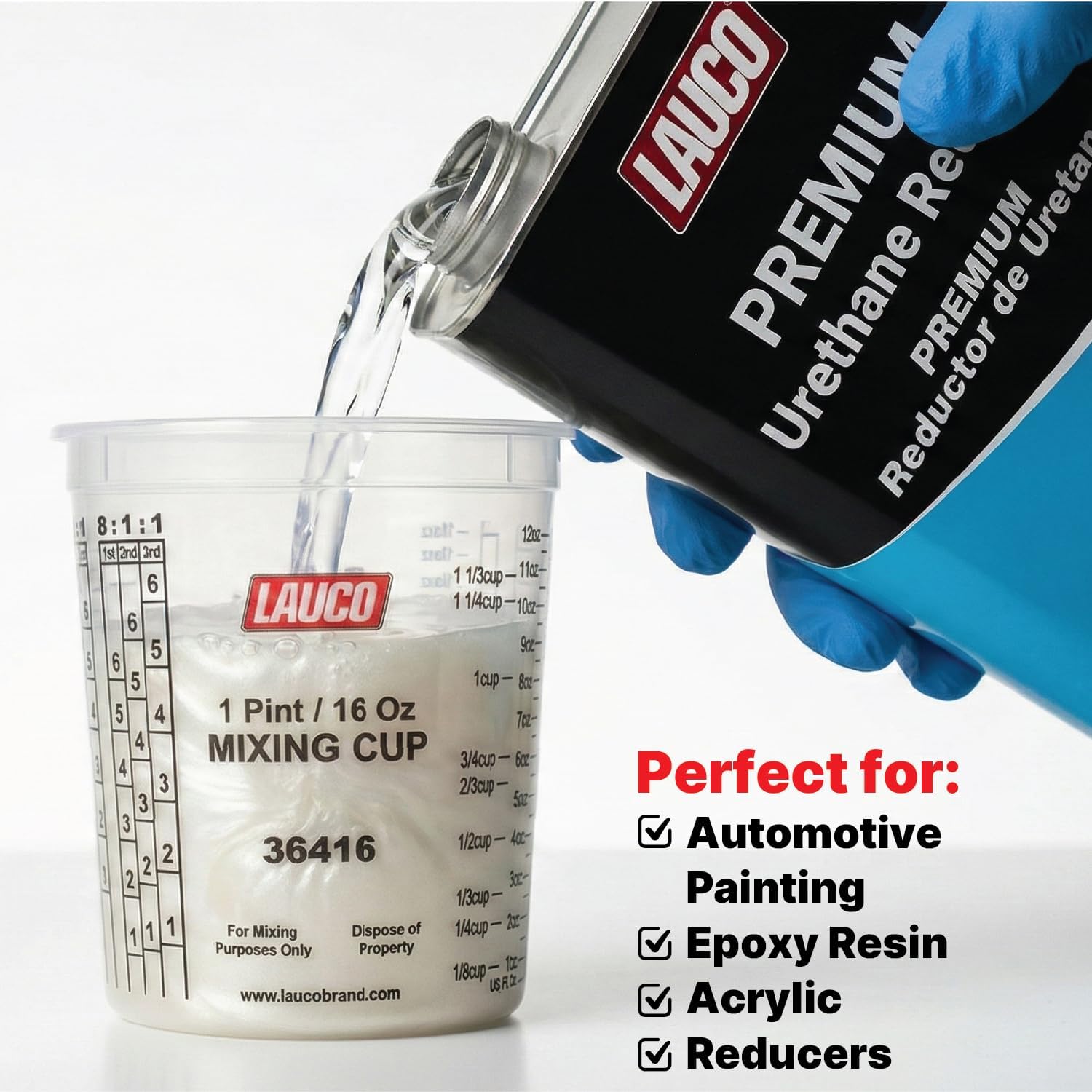 Box of 100 Cups and 12 Lids - Paint & Epoxy Mixing Cups Buckets - 16oz - Calibrated Mixing ratios on Side - Solvent Resistant, Reusable Clear Plastic Cups for Paint, Epoxy, Resin, Oil, Thinner 36416