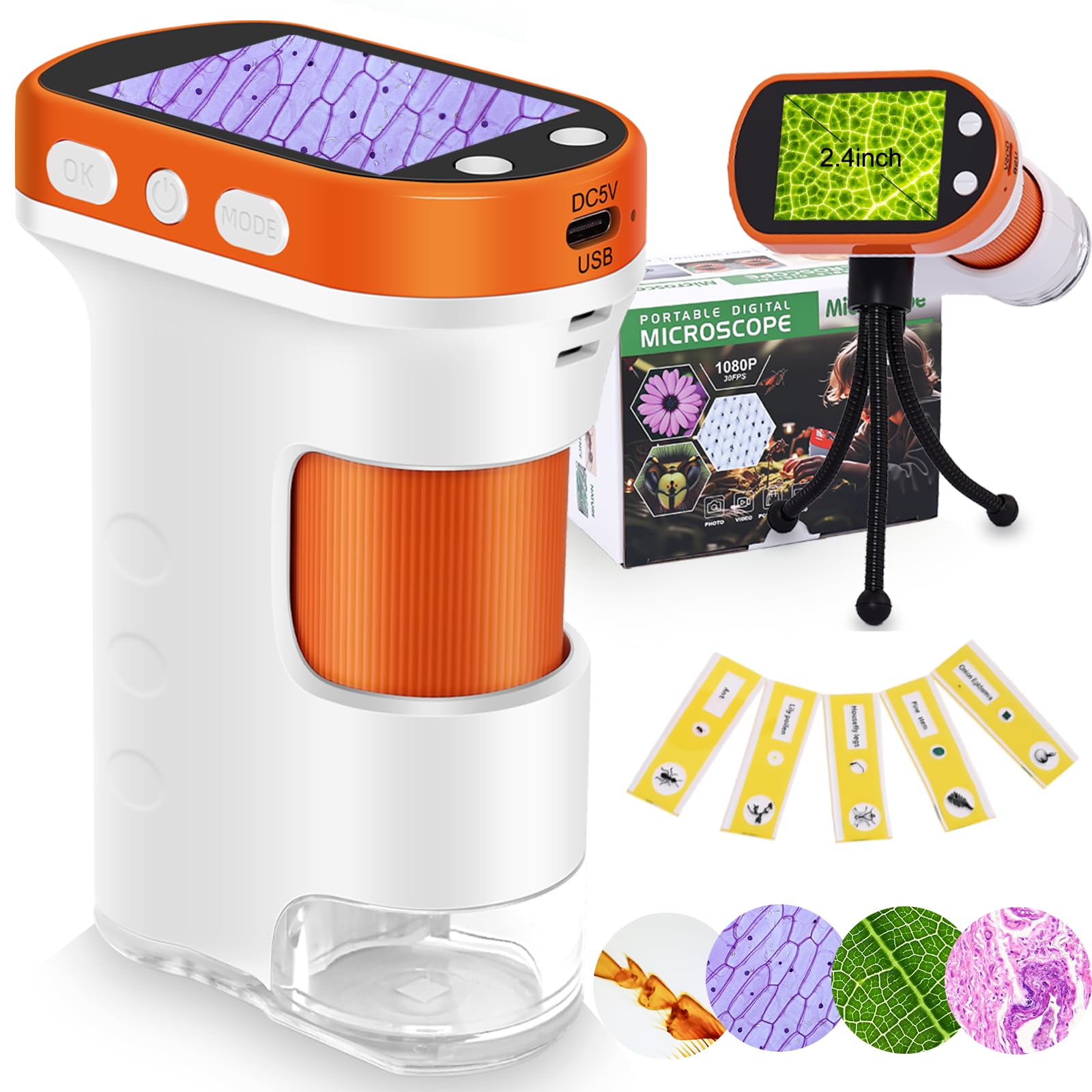 Microscope for Kids,100X-1000X Magnifications Digital Microscope-with 2.4”LCD Screen,Photo & Video Recording Functions.Suitable for Student Indoor &