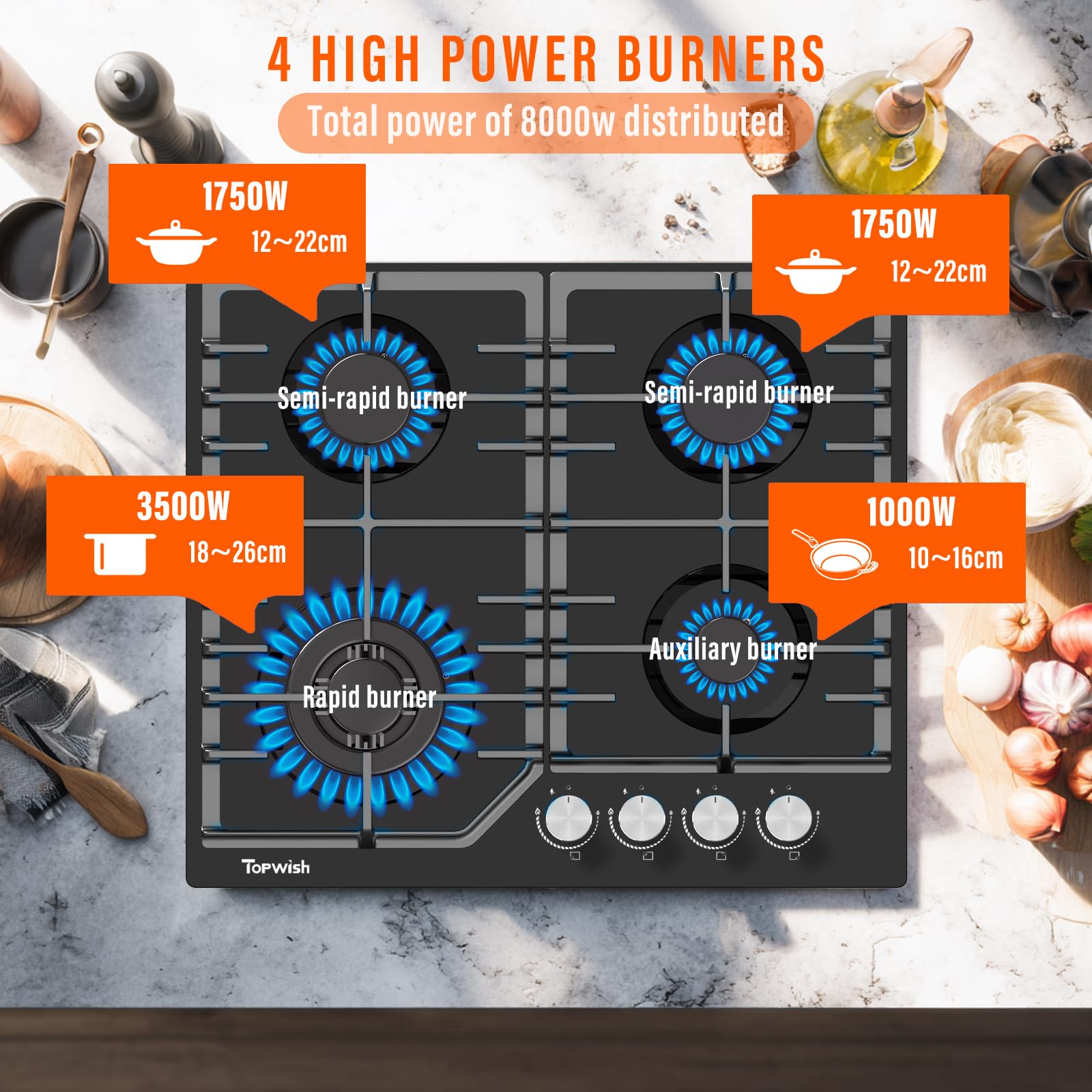 TOPWISH piano cottura 4 fuochi gas vetro,piano cottura gas 4 fuochi 60cm con italiano sabaf bruciatore, NG/LPG convertibile, protezione della termocoppia, accensione elettronica a impulsi, 8000 Watt