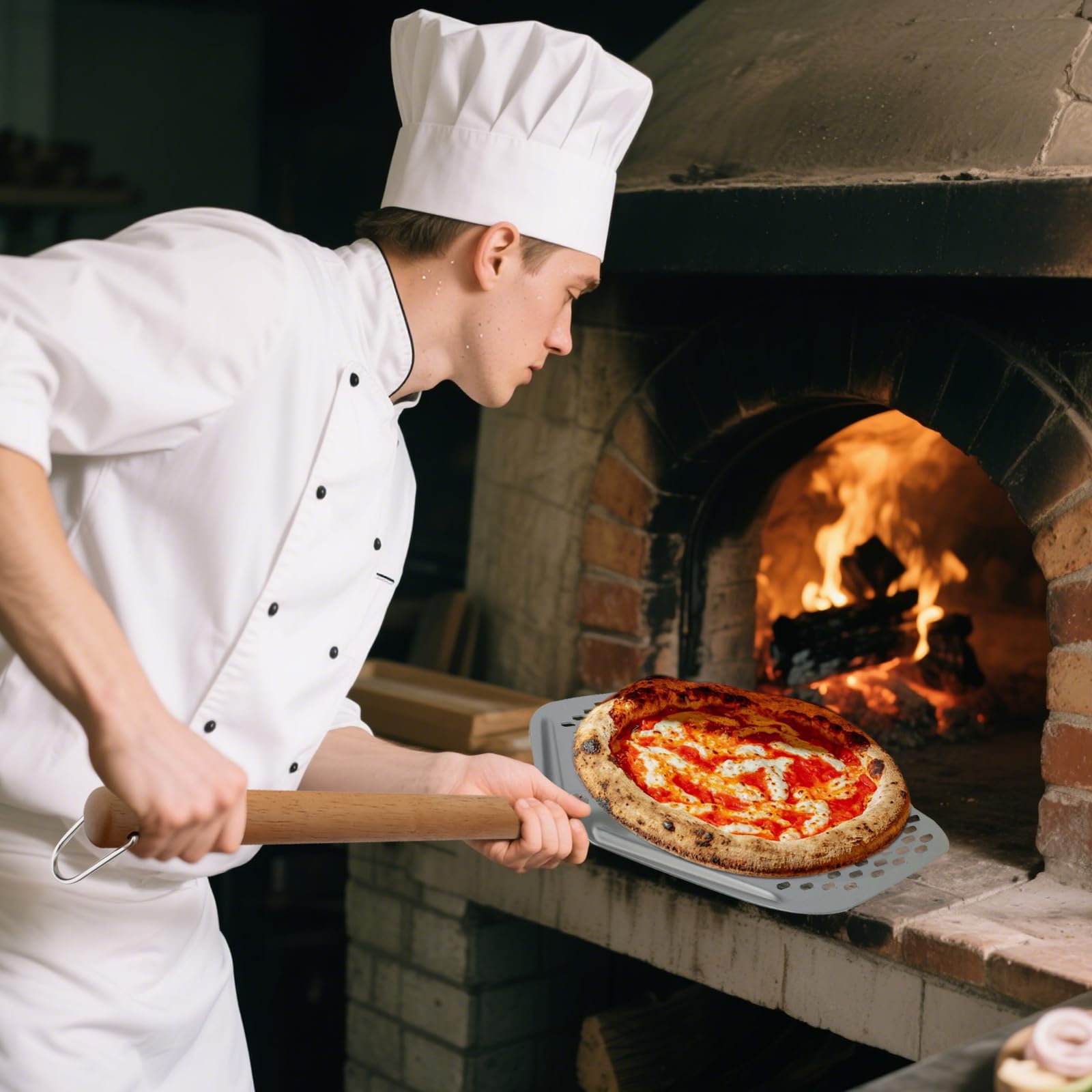 Łopatka do pizzy perforowana, okrągła, aluminiowa 12 cali, z wyjmowanym uchwytem, do grillowania, do gotowania, pizzy z drewnianym uchwytem