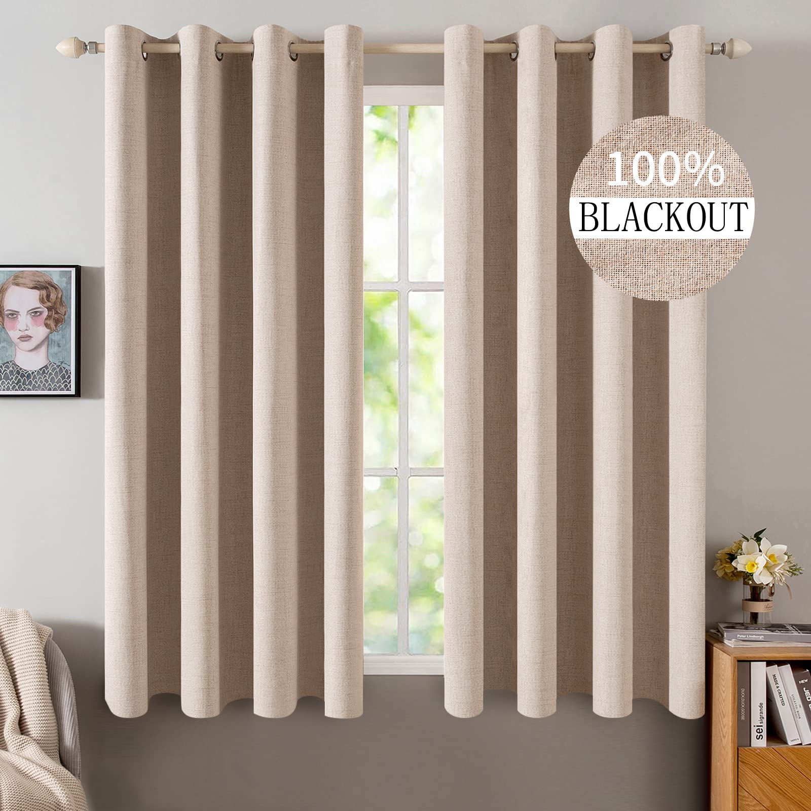 MIULEE 100% Blackout Linen Curtains for Bedroom 52x64 Inches Natural Beige | Room Darkening, Light Blocking, Thermal Insulated, Grommet Top, Linen Textured, Window Curtains for Living Room, 2 Panels