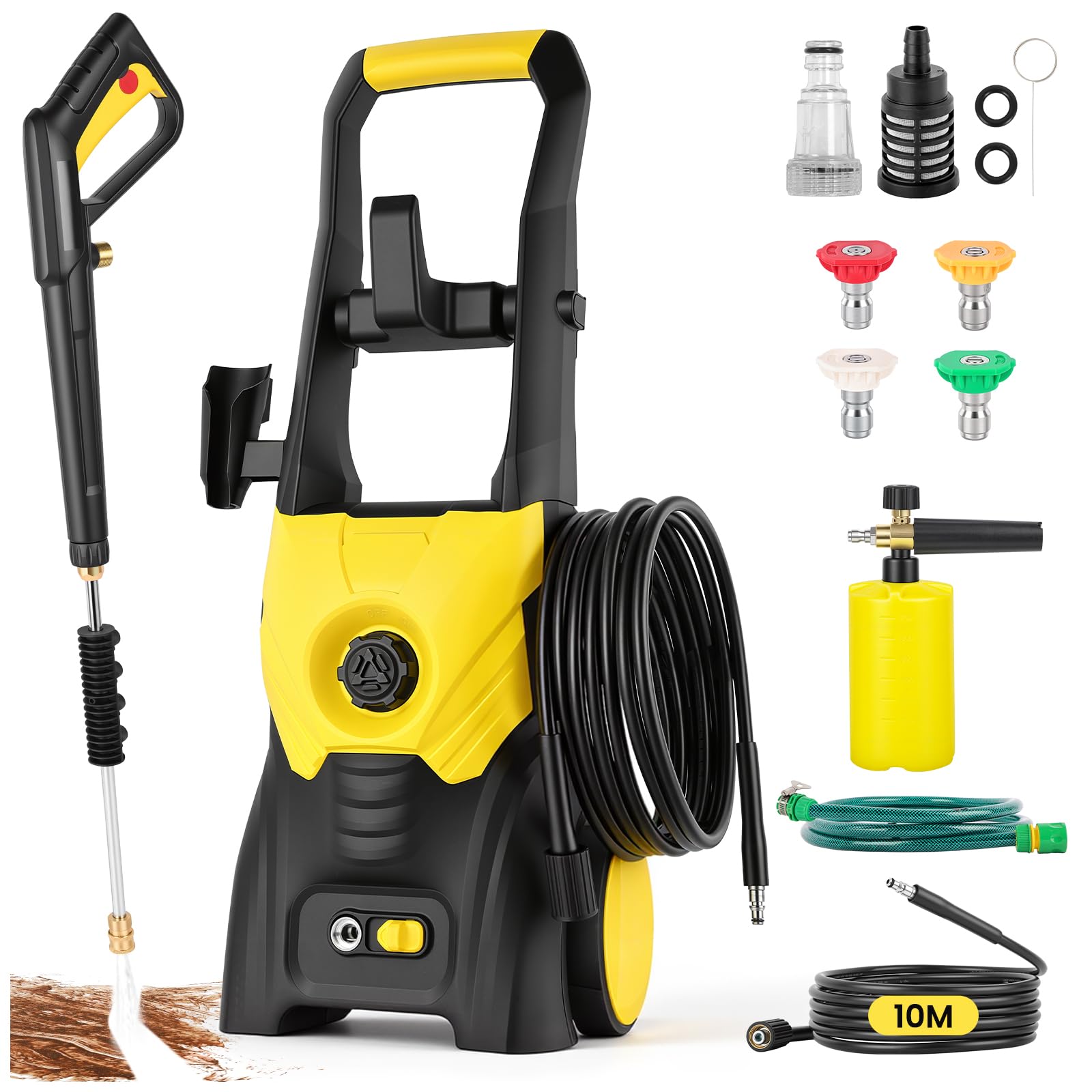 2500W Idropulitrice Professionale, Max 200 Bar, con Schiuma, 4 Ugelli e Tubo 10m, Portata di Pulizia di 500L/H,per Auto, Patio, Vialetti, Recinzioni, Pavimenti, Colore Giallo