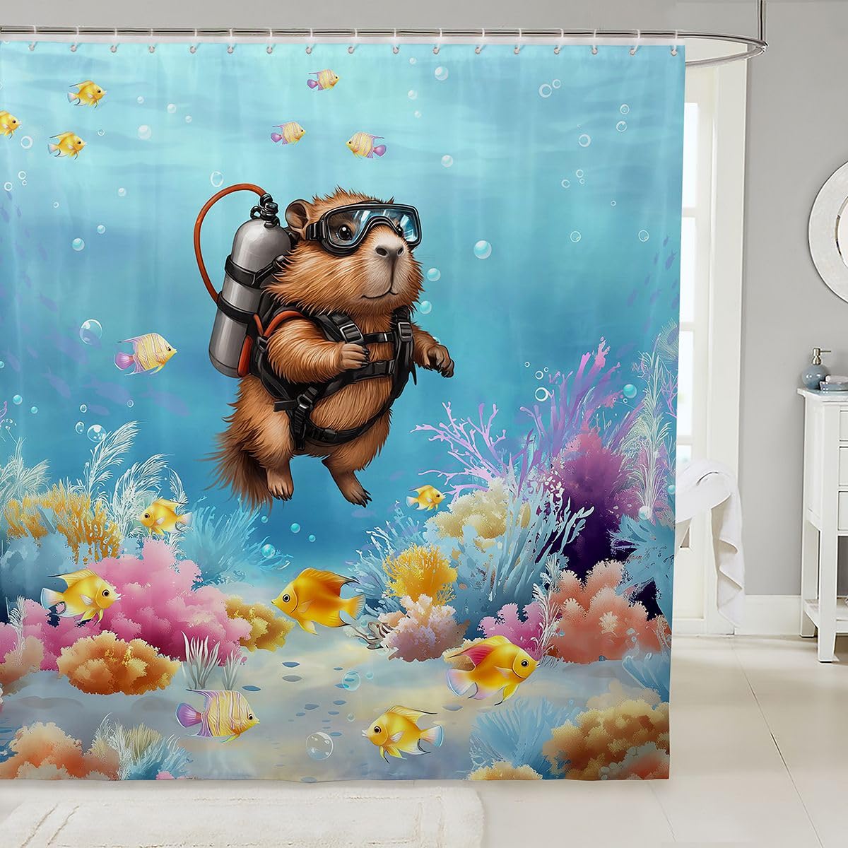 Homemissing Funny Capybara Shower Curtain 180x180cm Diving Capybara Bath Curtain for Bathroom Decor Fish Coral Bathroom Accessories Ocean Sealife