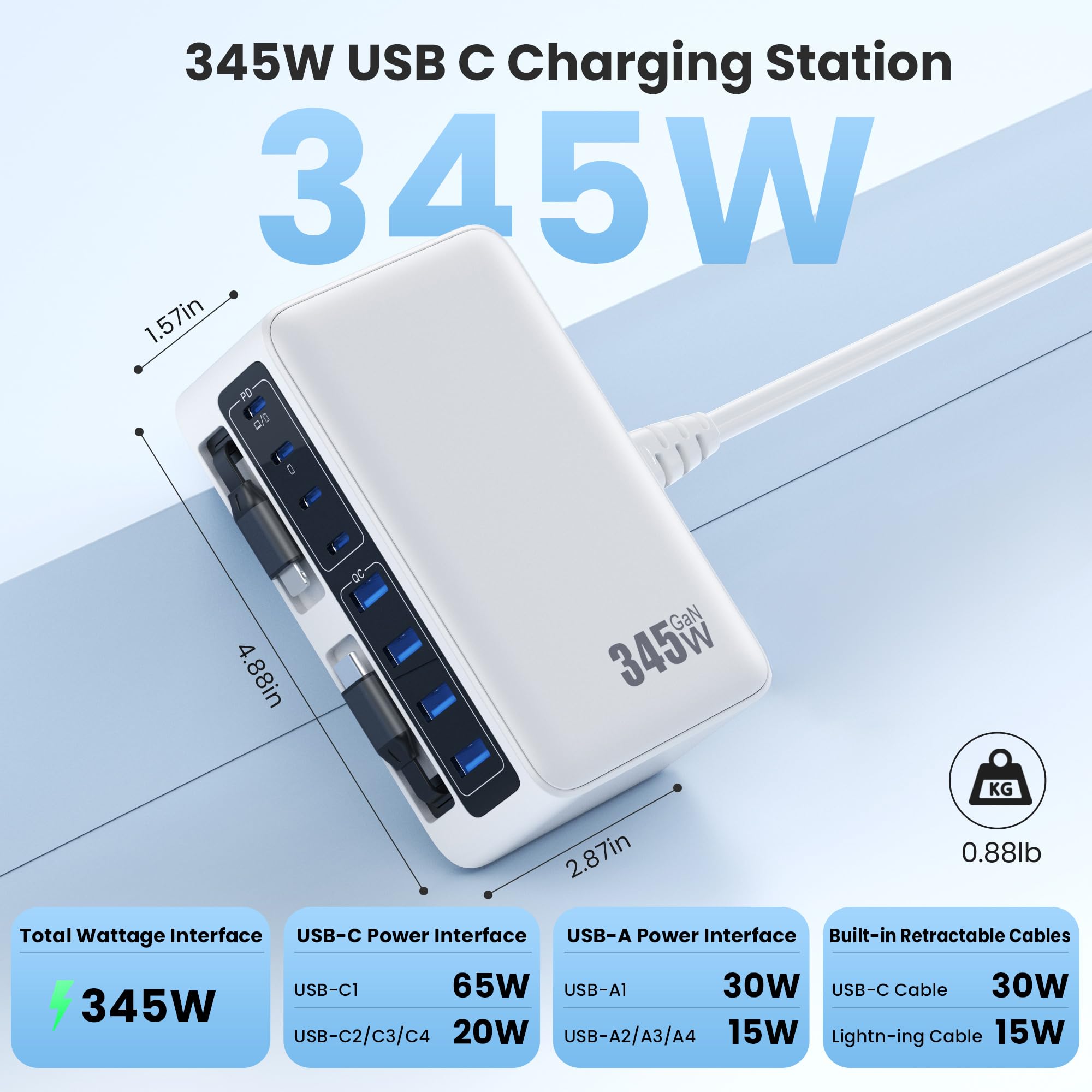 345W Cargador USB C Multiple con Cable Retráctil, 10-en-1 GAN Vi Cargador Carga Rápida PD/PPS/QC Enchufes USB C Alimentador Universal USB C Charger para MacBook Pro/Air, iPhone, Sam Sung (Blanco)