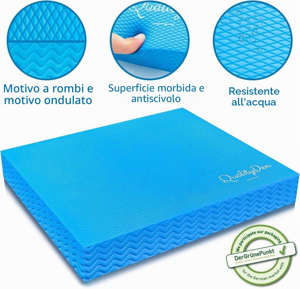 Quality Den Balance Pad - Cuscino per equilibrio in schiuma morbida antiscivolo, per stabilità e coordinazione, aiuta a rafforzare i muscoli profondi, con manuale di esercizi (lingua italiana non