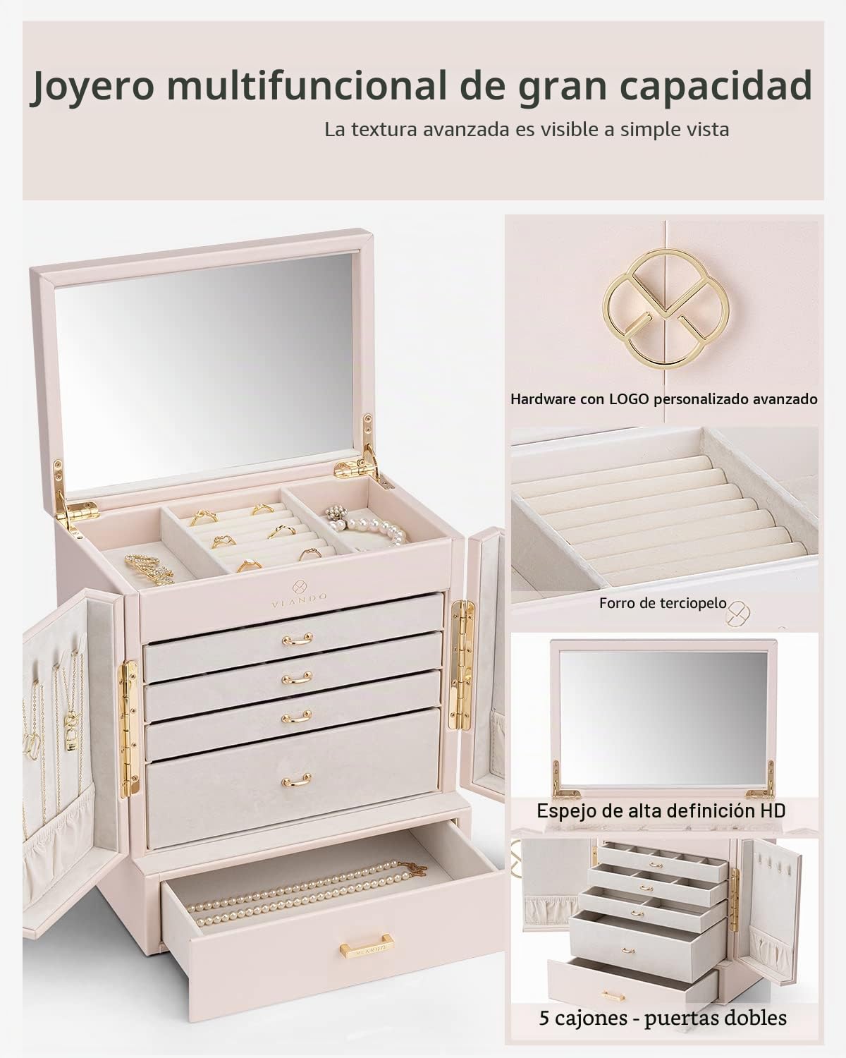 Vlando Joyero para mujer, organizador de joyas con 5 dibujos, cajas de joyería de piel sintética para mujeres y niñas, collar y anillos, caja de almacenamiento color blanco albaricoque