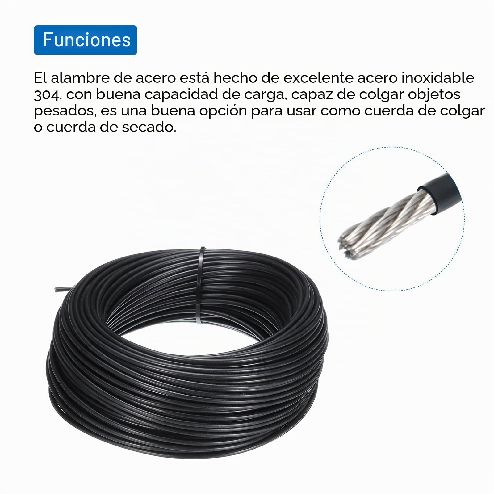 QUARKZMAN 164 Pies (50M) Alambre Cuerda 304 Inoxidable Acero Cable 1/8"(3mm) Vinilo Recubierto con 30uds Aluminio Fundas para Colgar, Tendederos, Levantar Negro