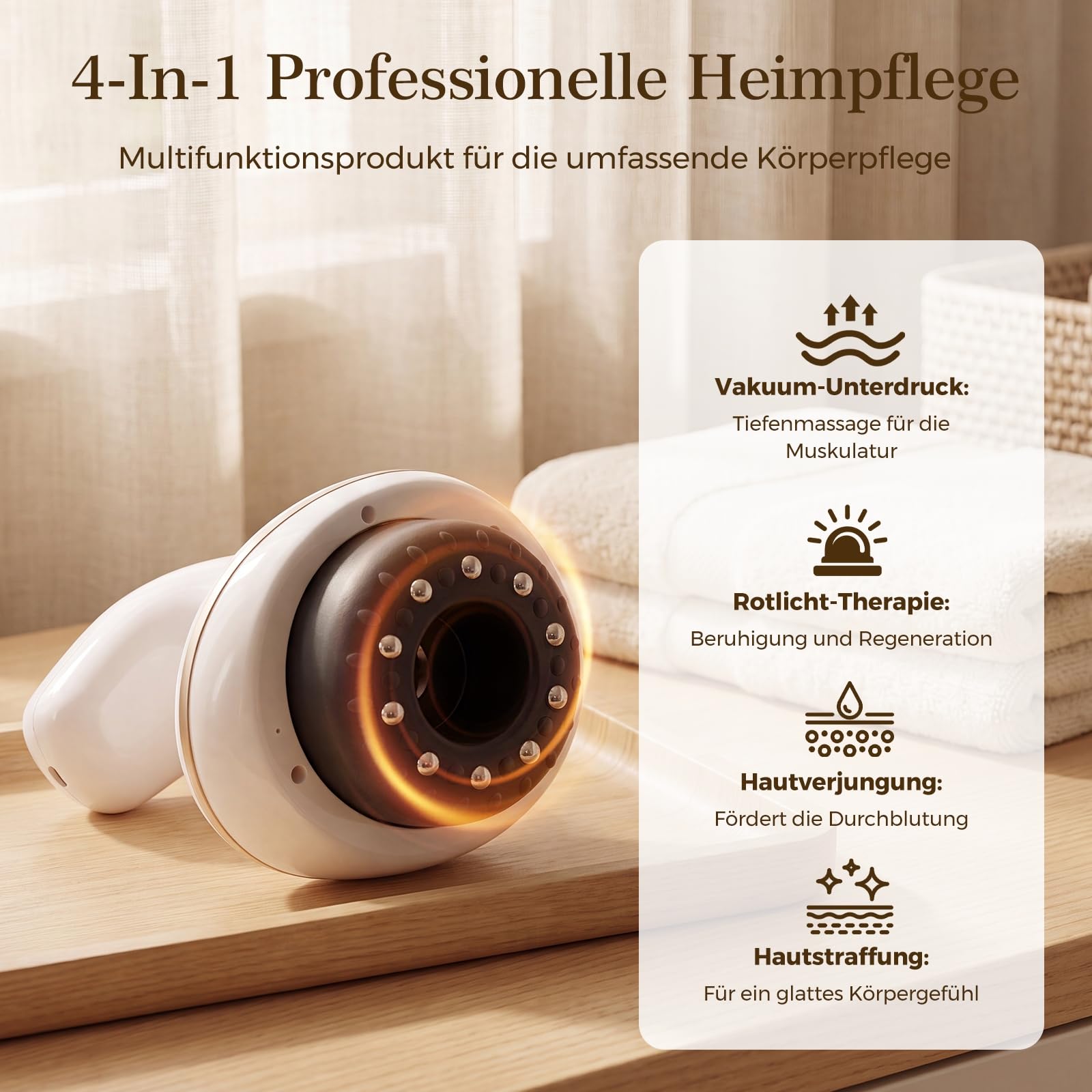 4-in-1 Cellulite Massagegerät Anti Massage: Vakuum Massagegerät Gegen Cellulite mit Wärmetherapie - Schröpfgerät Elektrisch Kabelloses - Straffere Haut für Rücken, Bauch, Arme, Beine Ganzkörper