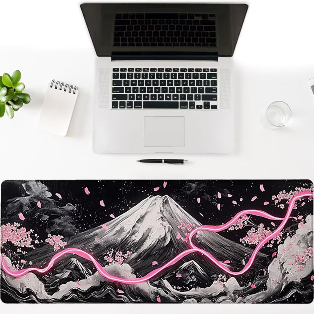Podkładka pod mysz XXL, kwiaty wiśni, duża gamingowa podkładka pod mysz 1600 x 800 x 3 mm, wąwóz Mouse Pad ze szwami na krawędziach, ponadwymiarowa, antypoślizgowa gumowa podkładka pod mysz, podkładka