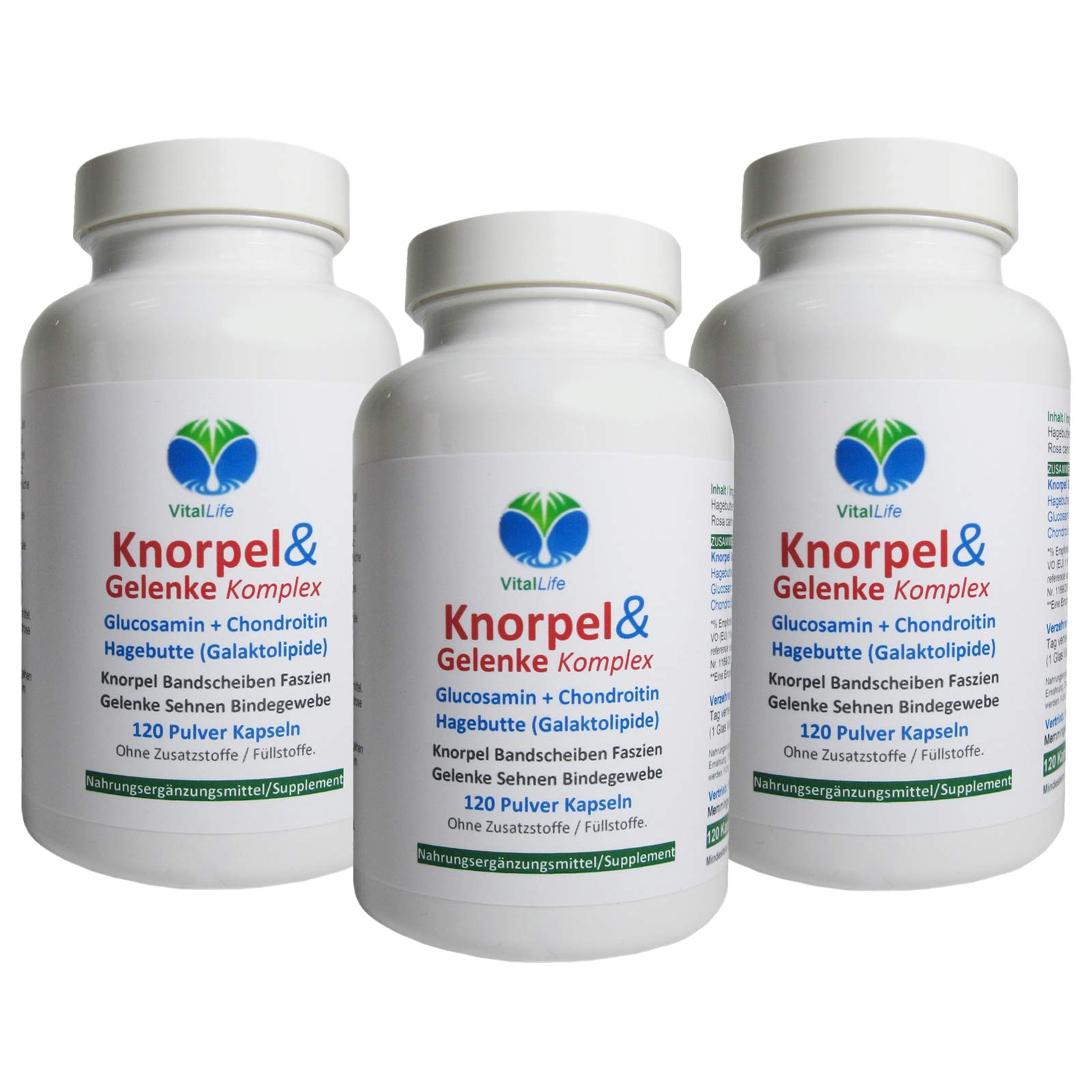 KNORPEL & GELENKE - Glucosamin + Chondroitin + Hagebutte KOMPLEX - 360 (3x120) KAPSELN Gelenkbausteine UND natürliche GELENKVITAMINE ohne ZUSATZSTOFFE. 26995-3