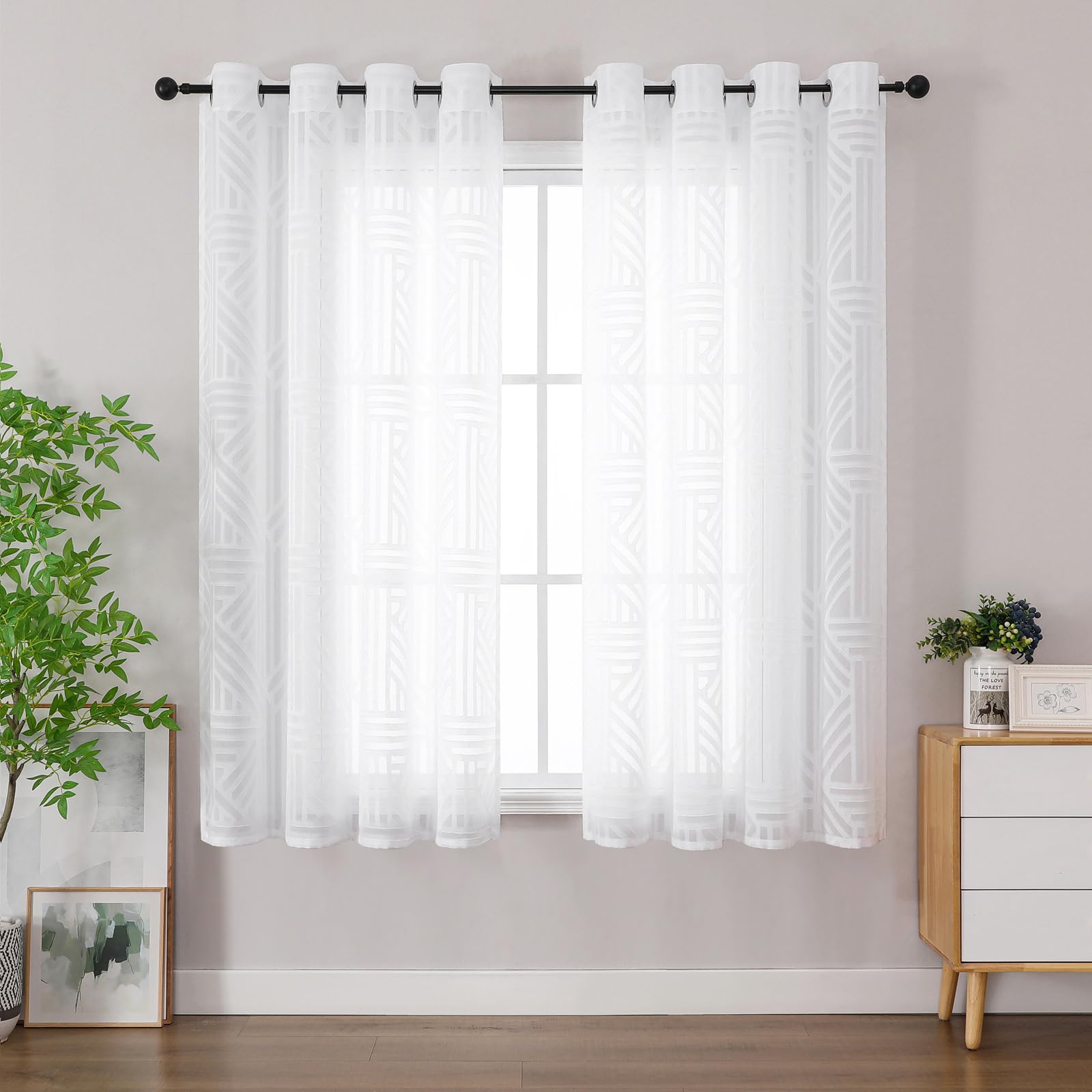 Simplebrand Semi White Sheer Curtains 140x163cm 2 Panels, Geometric Jacquard Clip Textured Short Sheer Curtains for Bedroom，Eyelet Modern Elegant Window Panels/Drapes/Treatment