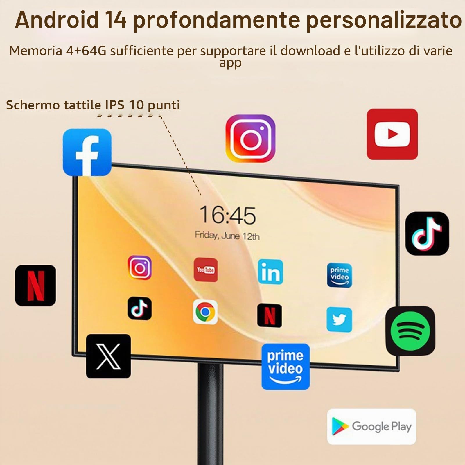 Smart TV Portatile Touch Screen da 21,5 Pollici, TV Mobile su Ruote con Sist-ema Operativo Android, 4 GB + 64 GB di Memoria, Batteria Integrata da 6000 mAh White-4+64G